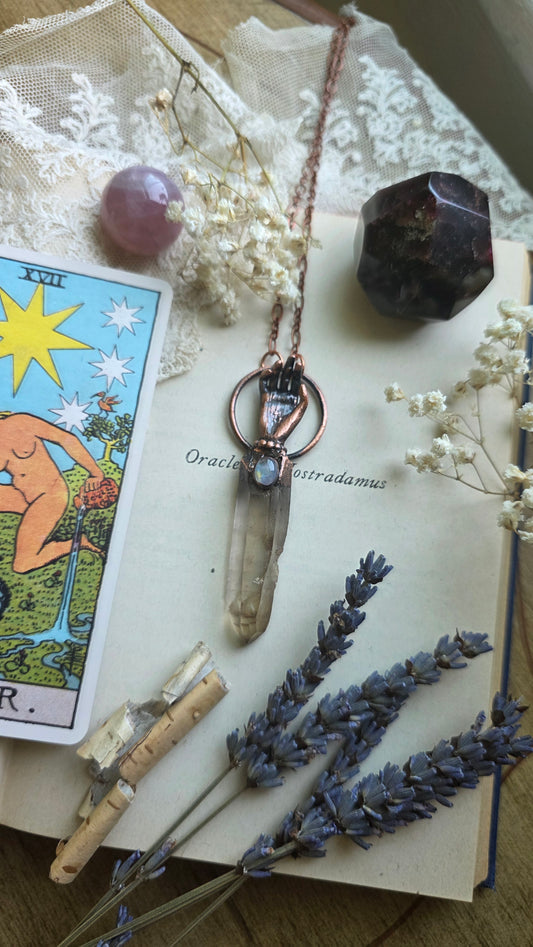The Seer: Natural Smokey Quartz point with moonstone