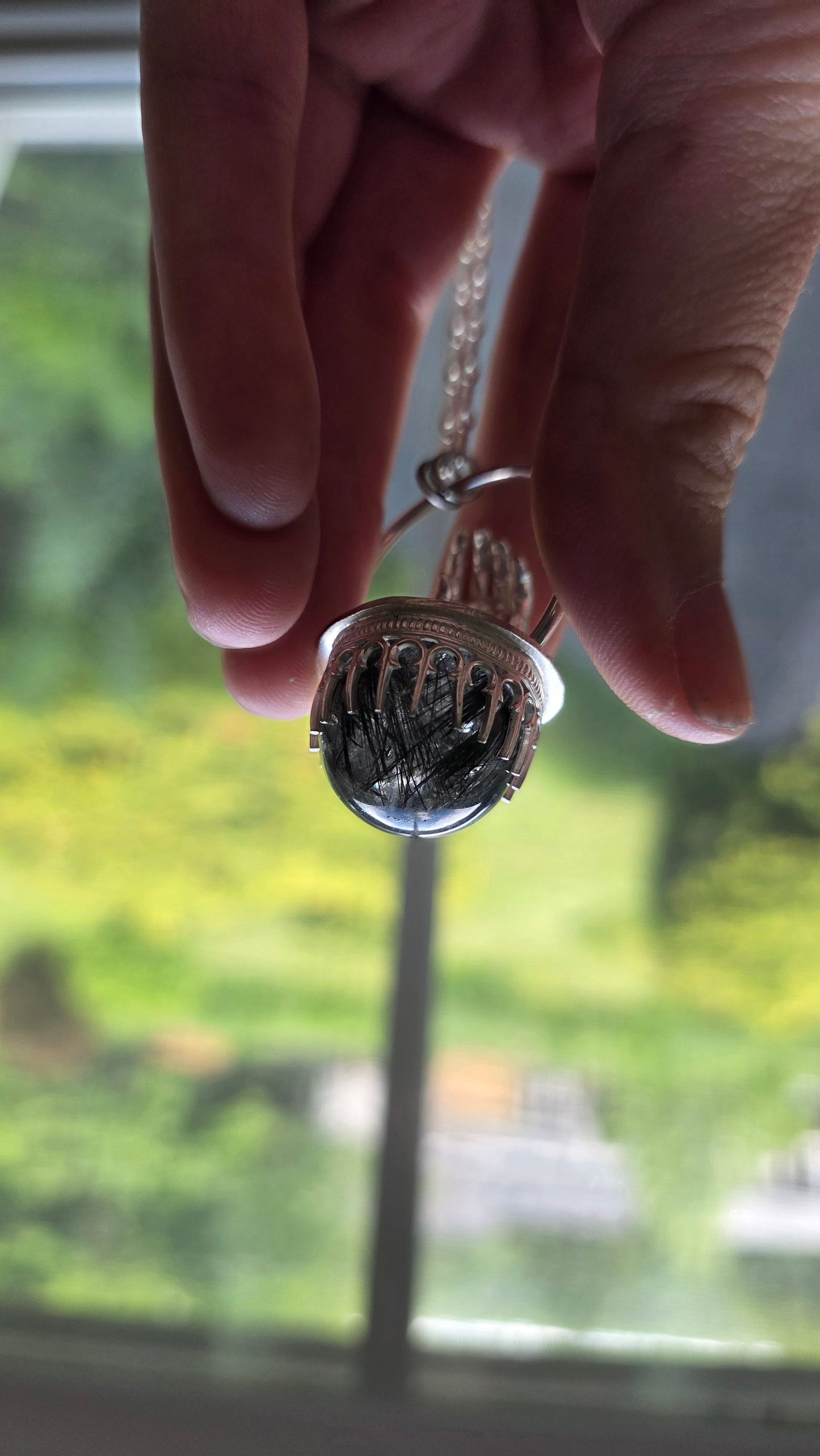 The High Priestess: Tourmalinated Quartz Sphere Sterling Silver Hand Pendant