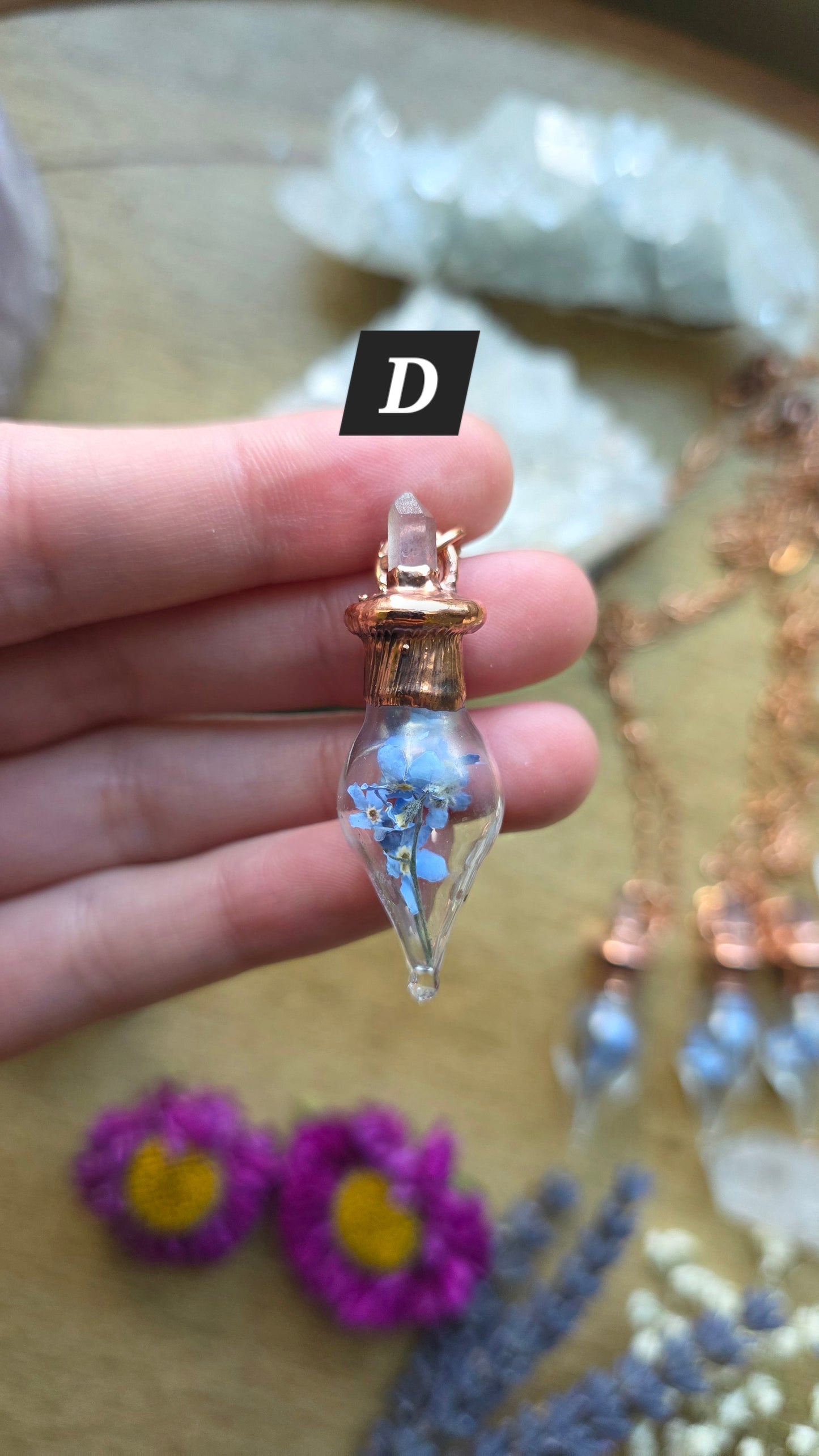 Forget-me-not copper glass vial pendant with quartz