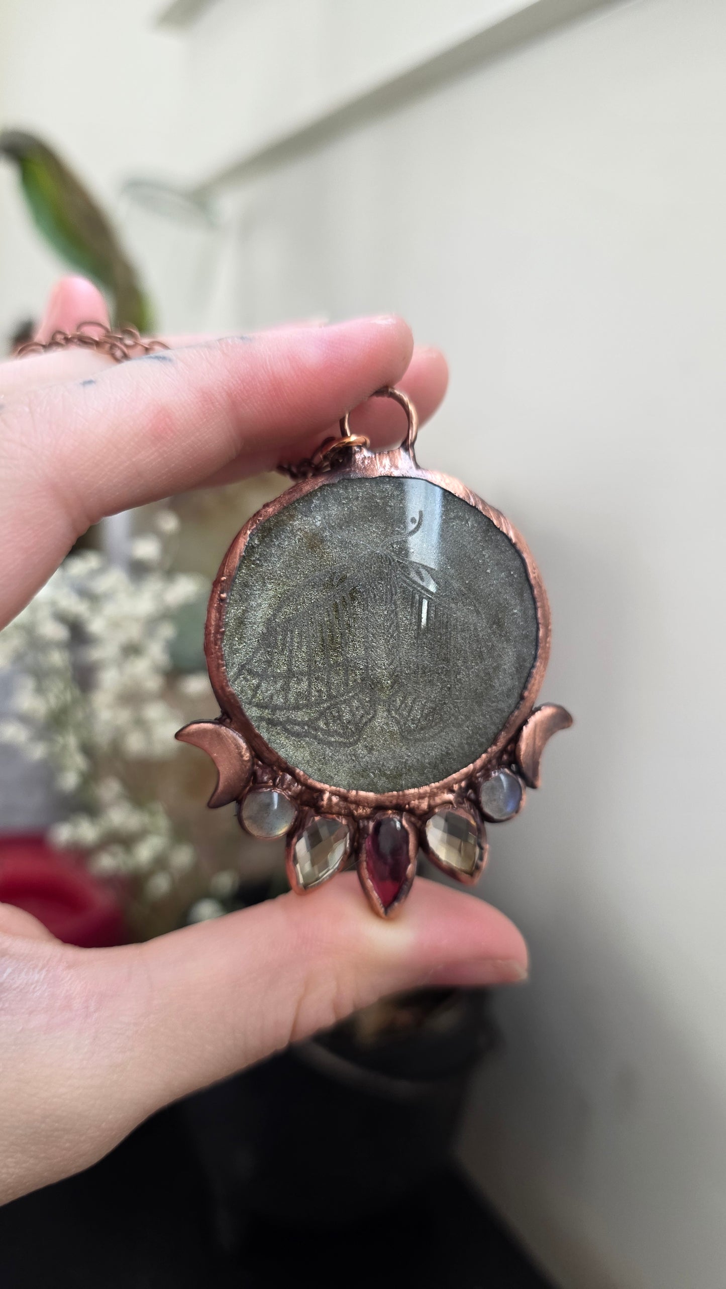 Gold sheen obsidian moth engraved copper pendant with garnet, citrine, and labradorite