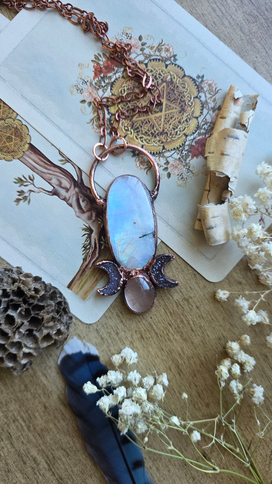 Transmute: Moonstone with Rose Quartz and Druzy Moon Copper Necklace