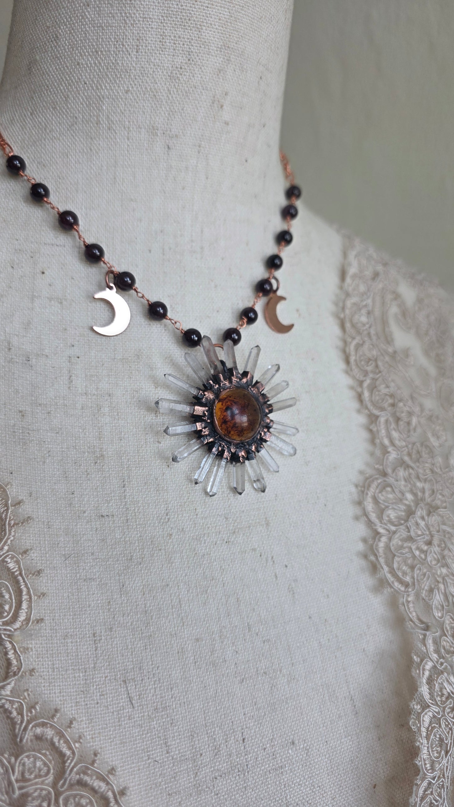 Lucia: Amber and Quartz Copper Sun with Garnet Pendant