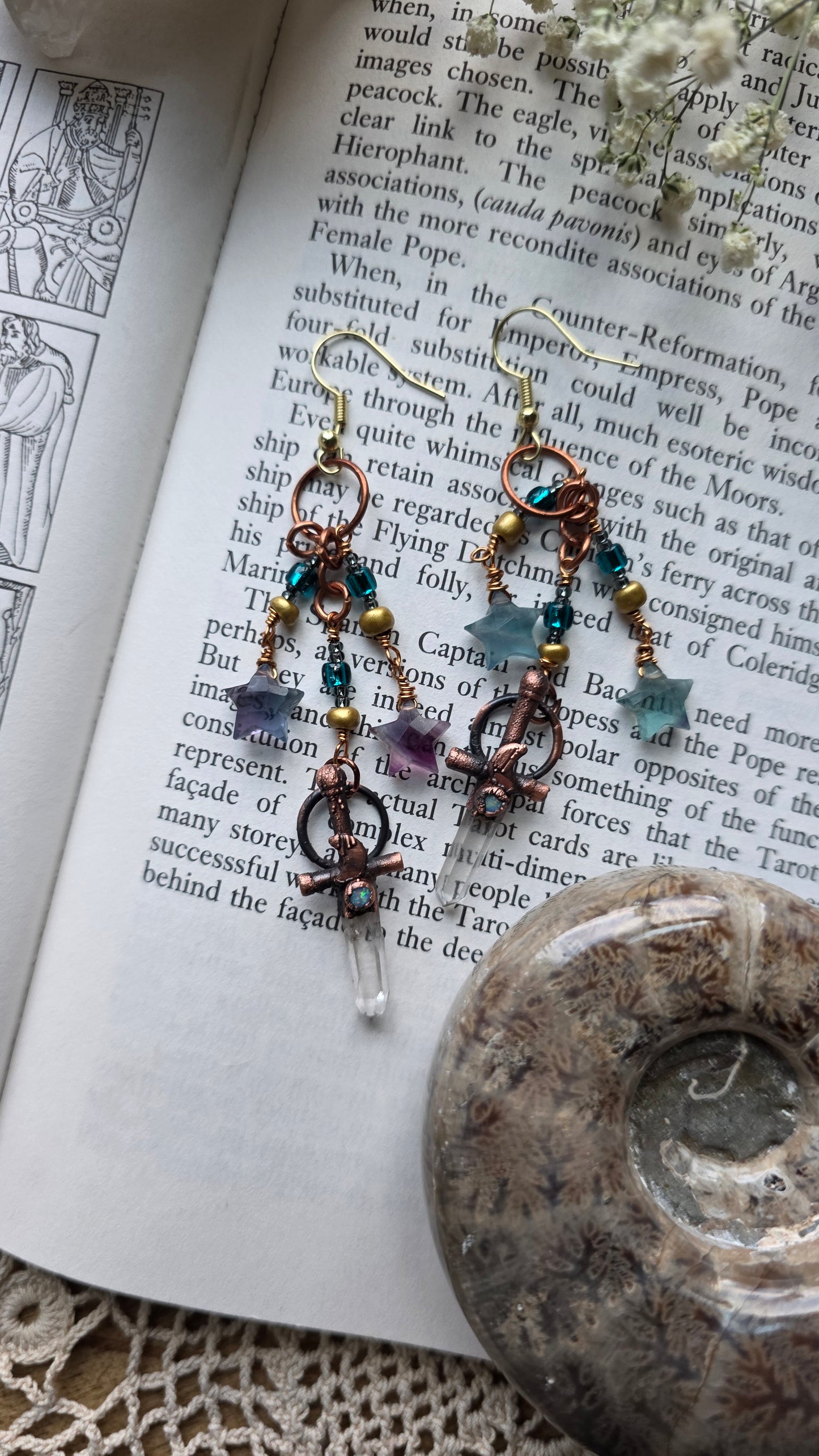 Quartz sword copper earrings with Australian opal and fluorite stars