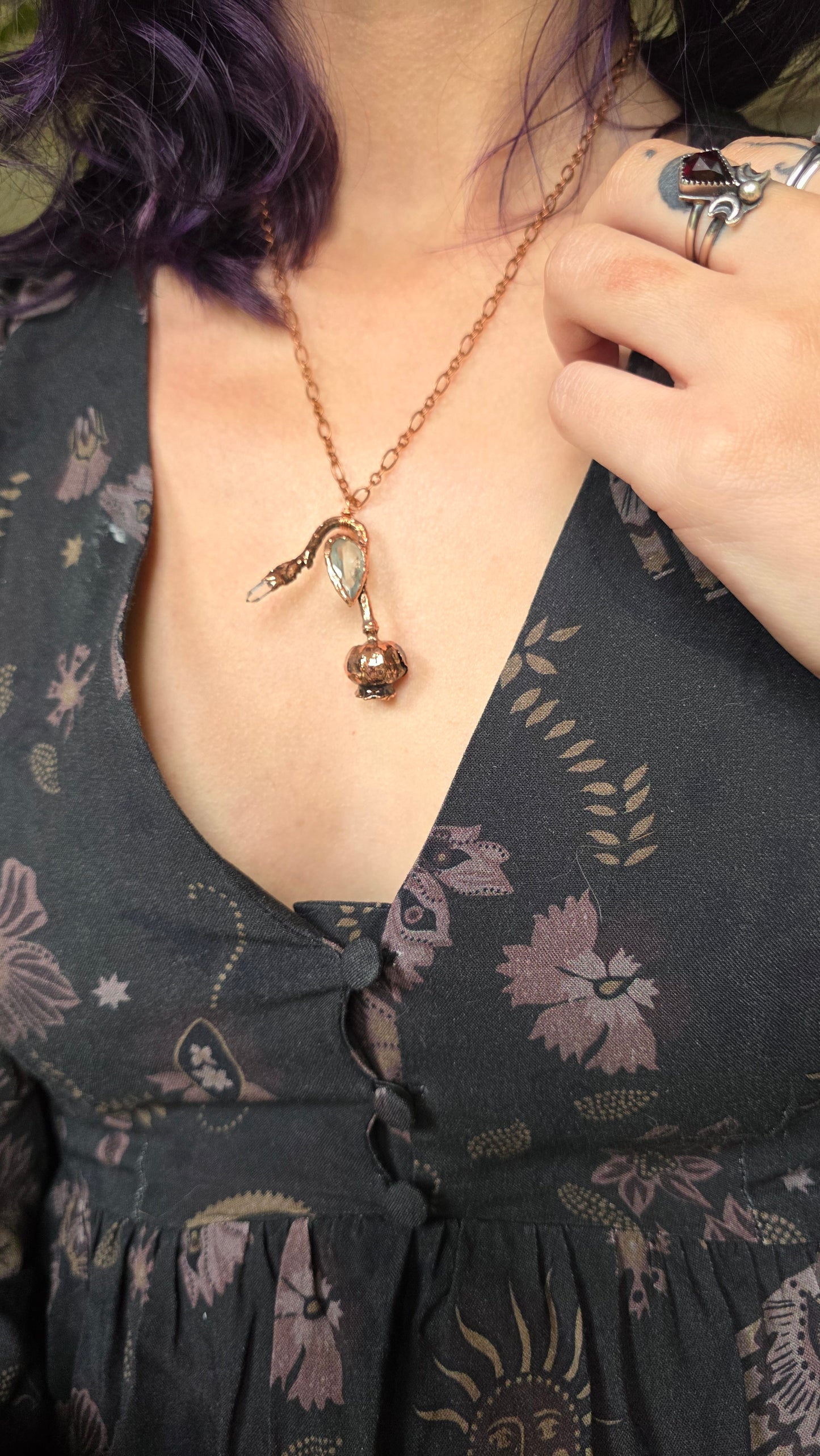 Copper Encased Poppy Pod with Aquamarine and Quartz