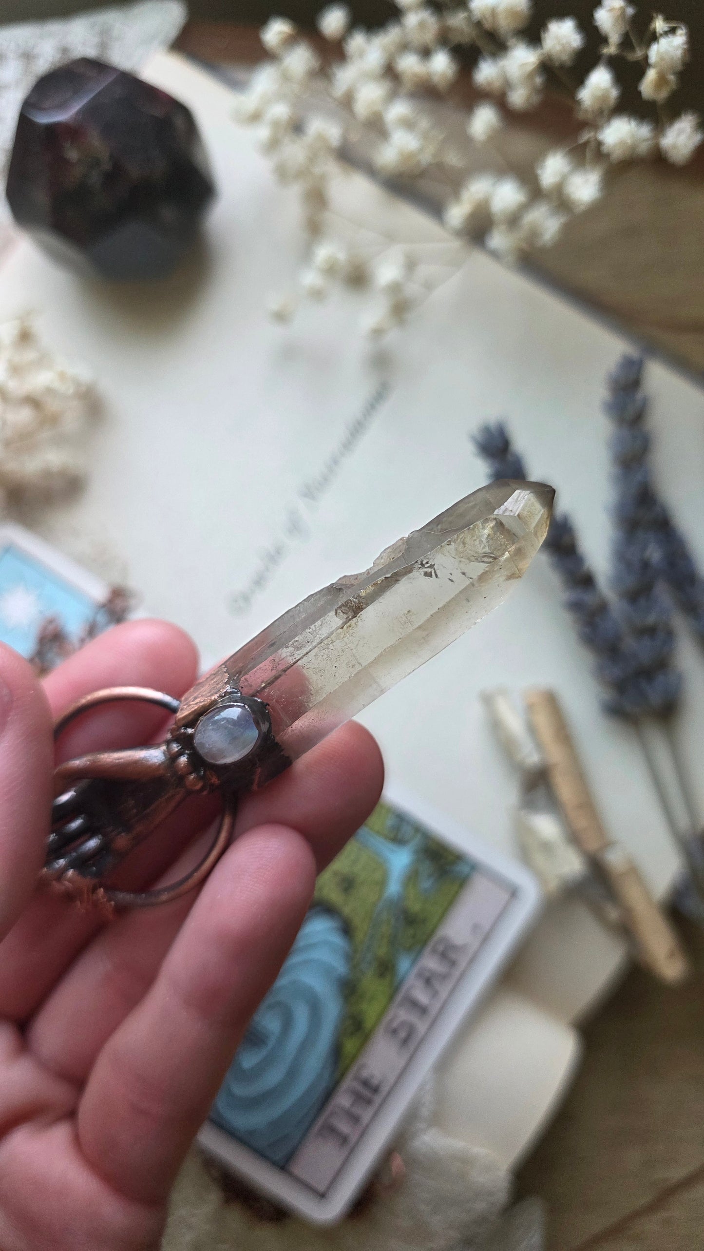 The Seer: Natural Smokey Quartz point with moonstone