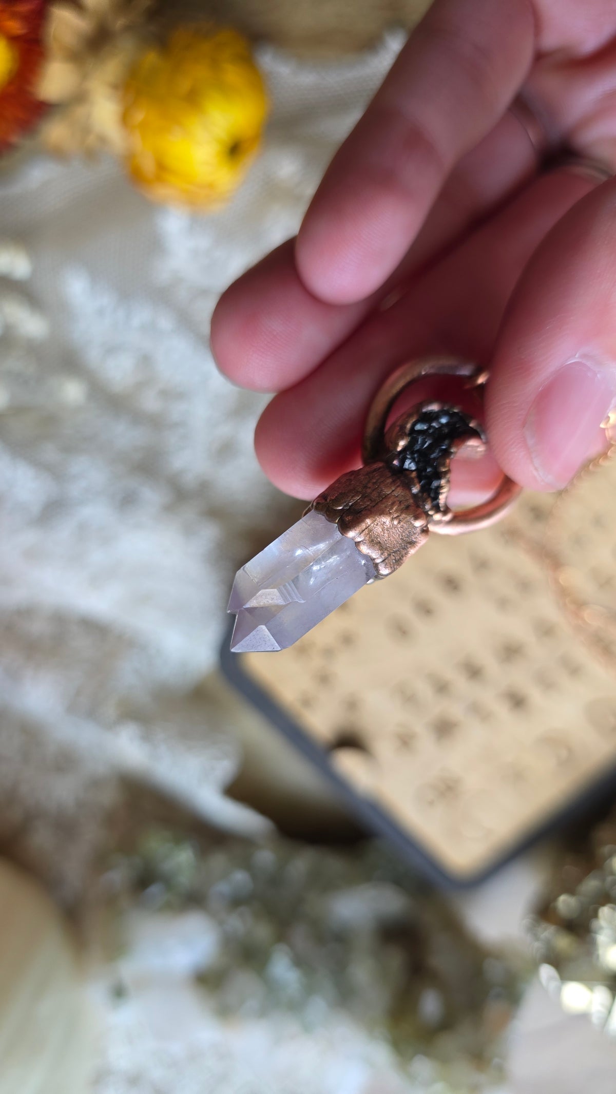 jdrewsilvers and xtwii collaboration: Quartz and Black Knight Aura Moon Copper Necklace