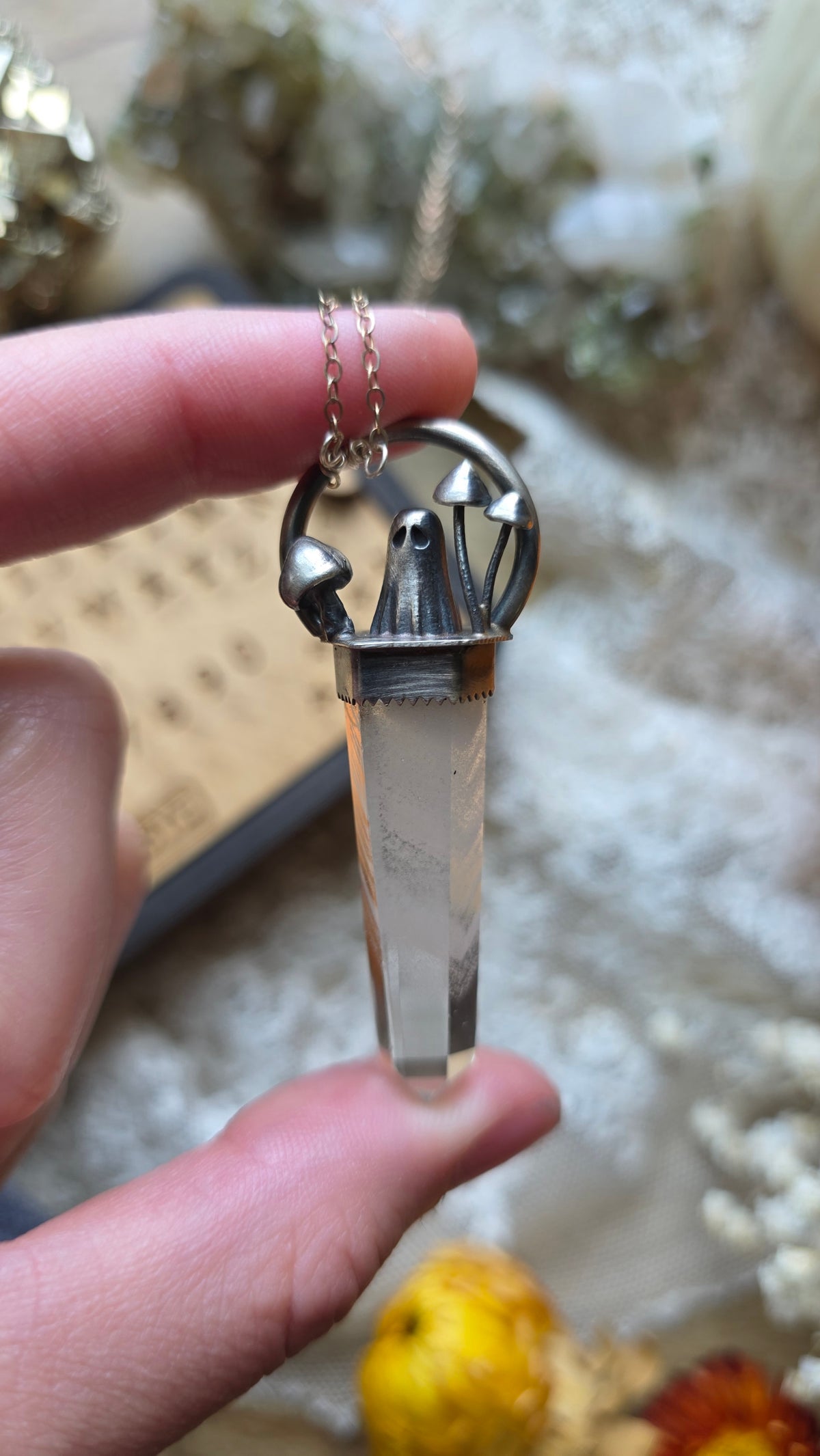jdrewsilvers and xtwii collaboration: Sterling Silver Sheet Ghost Mushroom Phanom Quartz Pendant