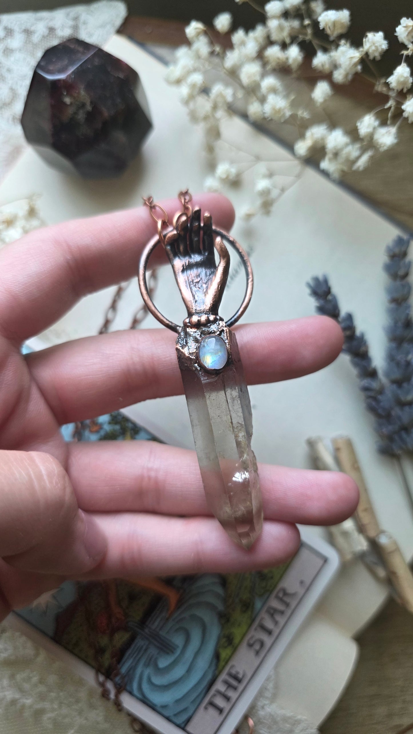 The Seer: Natural Smokey Quartz point with moonstone