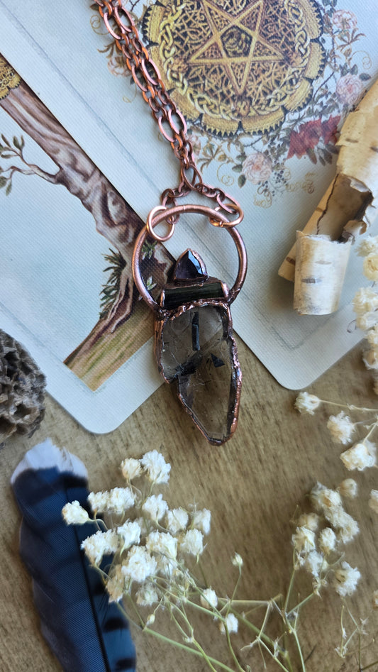 Transmute: Tourmalinated Quartz with Green Tourmaline and Smokey Amethyst