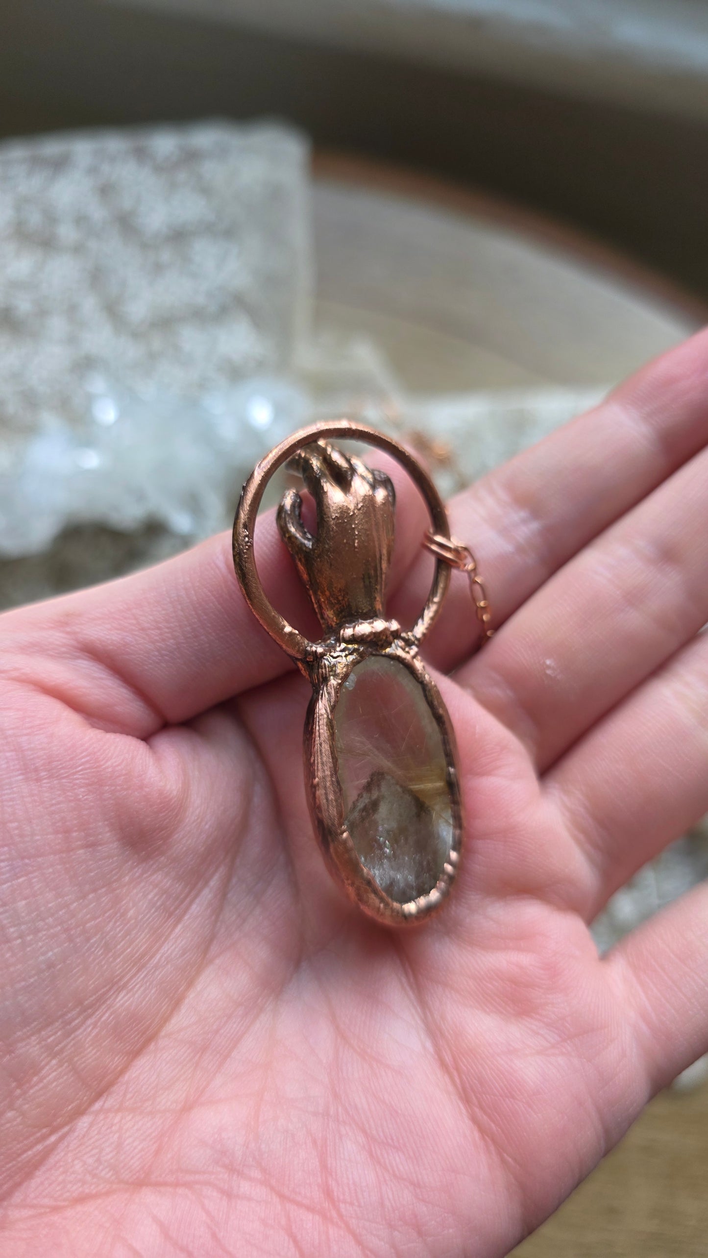 The High Priestess: Lodolite Rutile Phantom Copper Hand Necklace
