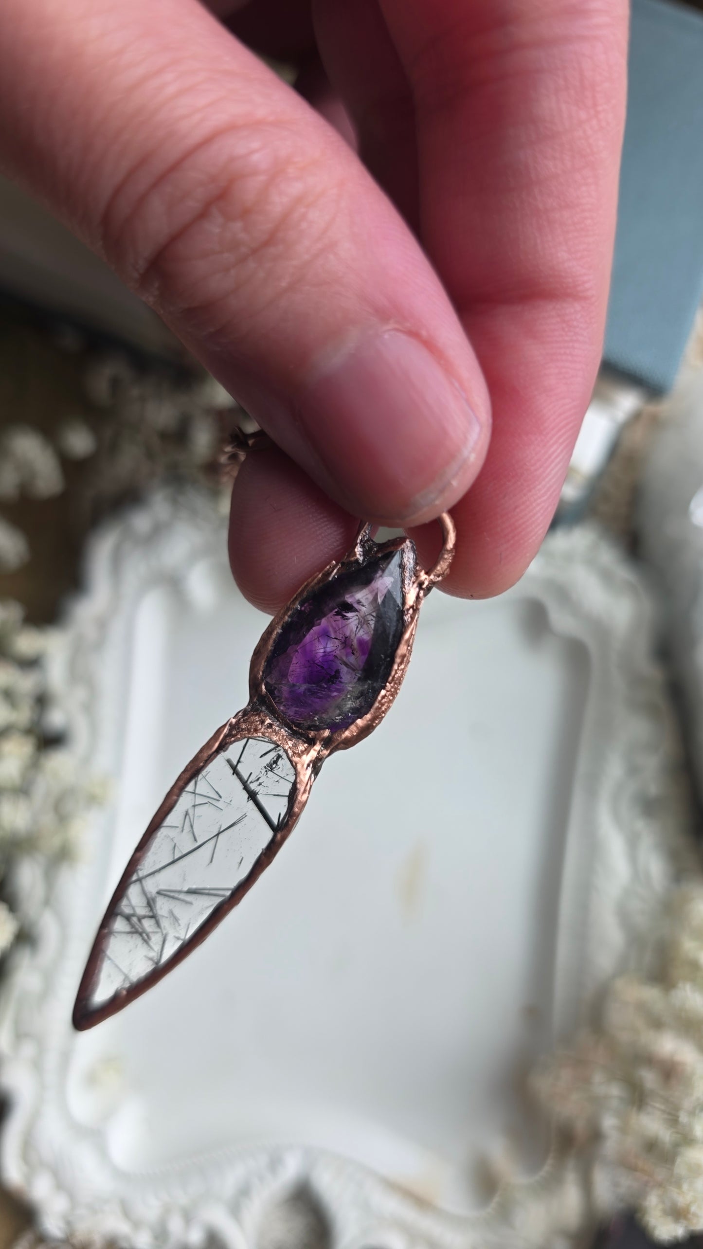 Smokey Amethyst with Tourmalinated Quartz Copper Pendant