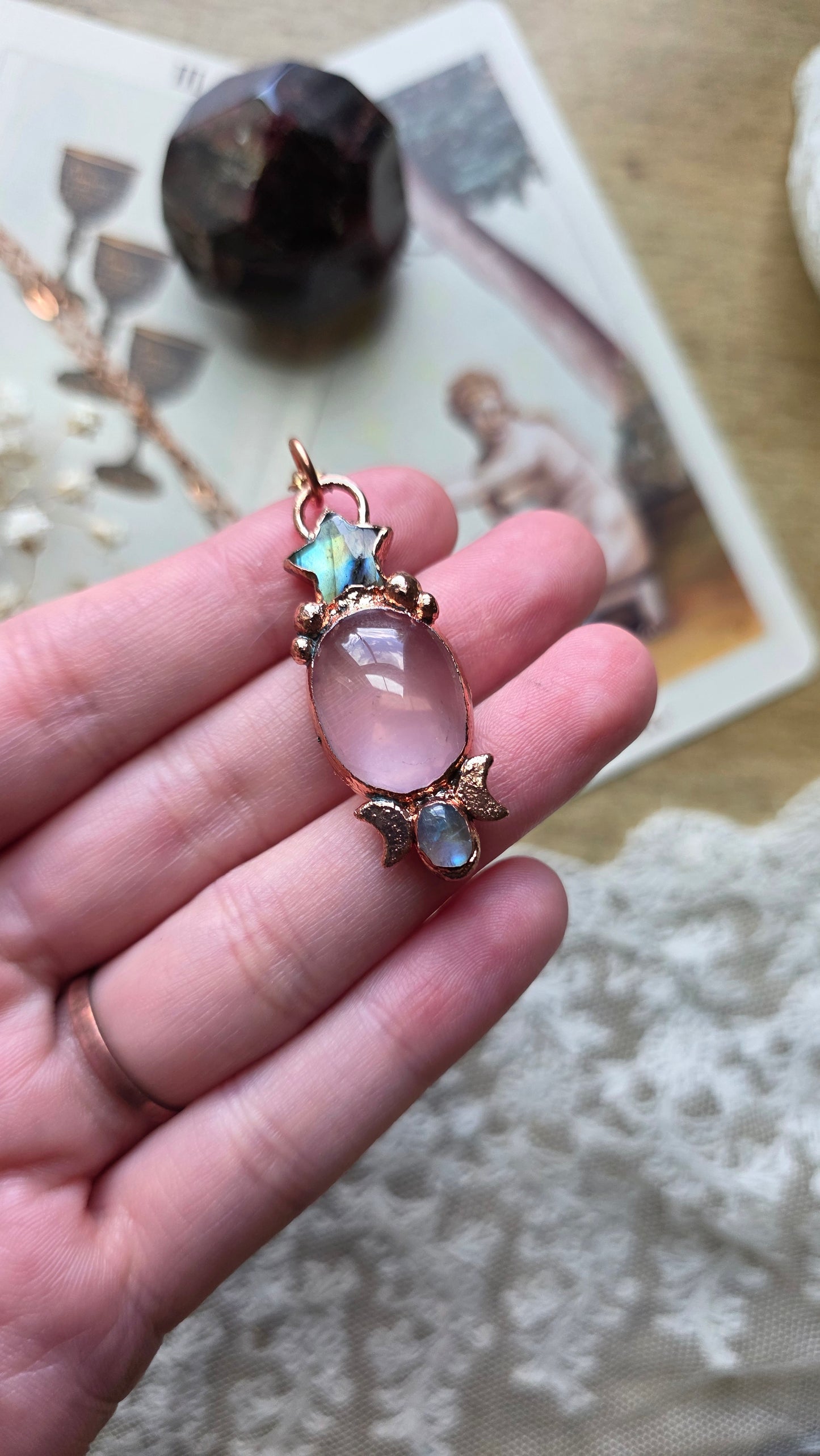 Mozambique Rose Quartz with Labradorite Star and Moonstone Copper Necklace
