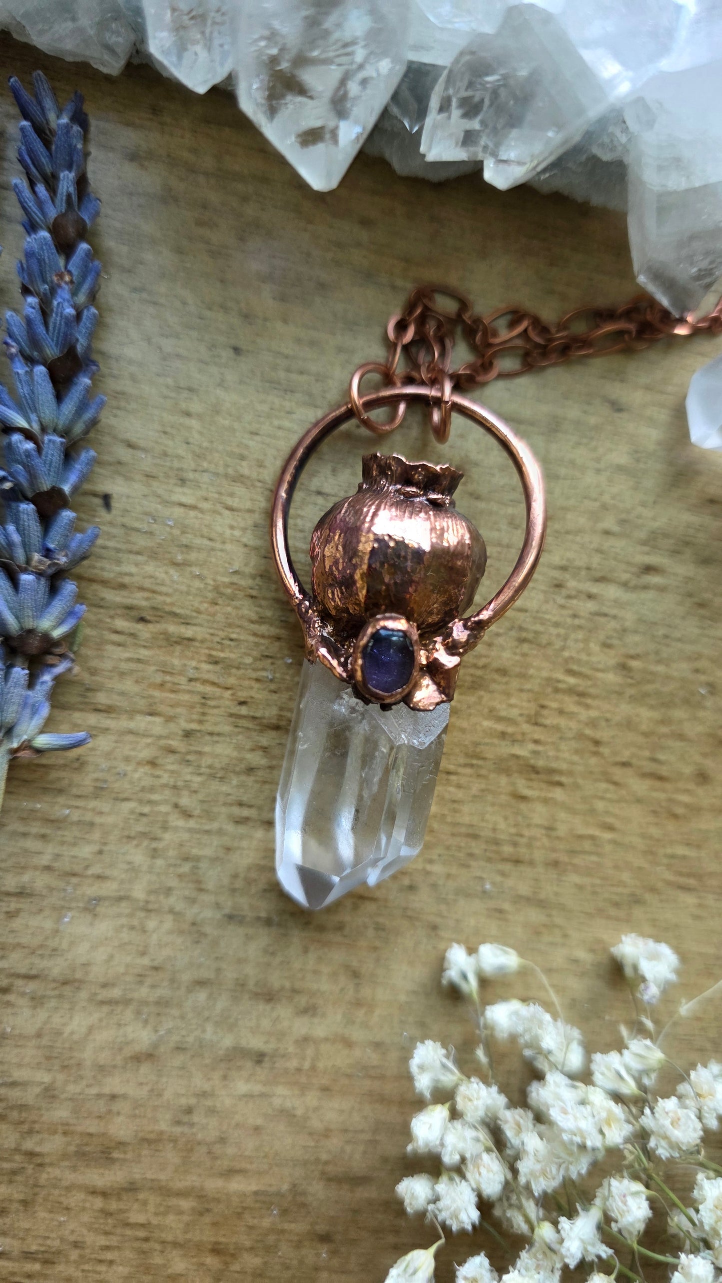 Copper Encased Poppy Pod with Quartz and Tanzanite