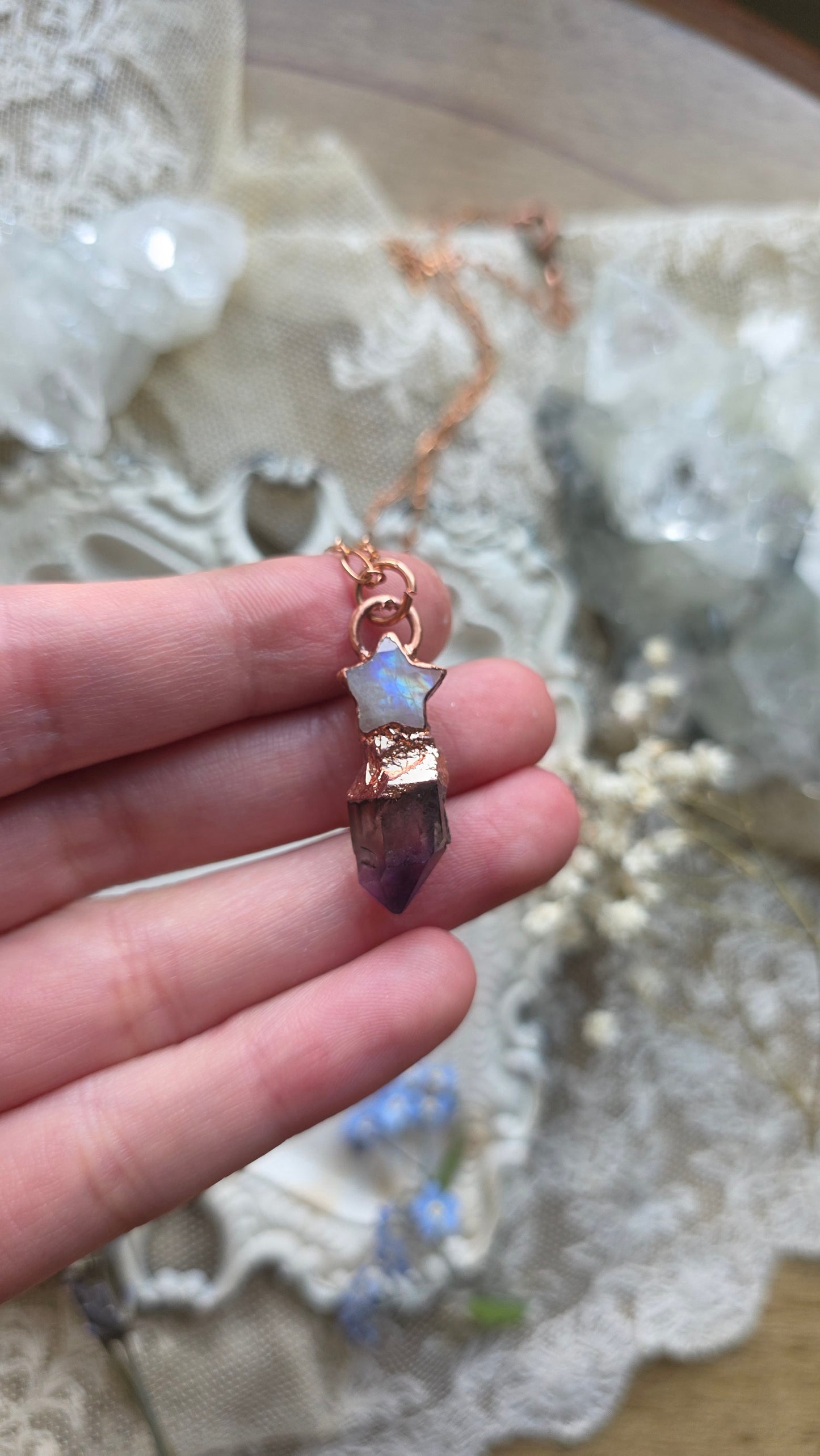 The High Priestess: Smokey Amethyst with Moonstone Star Copper Necklace