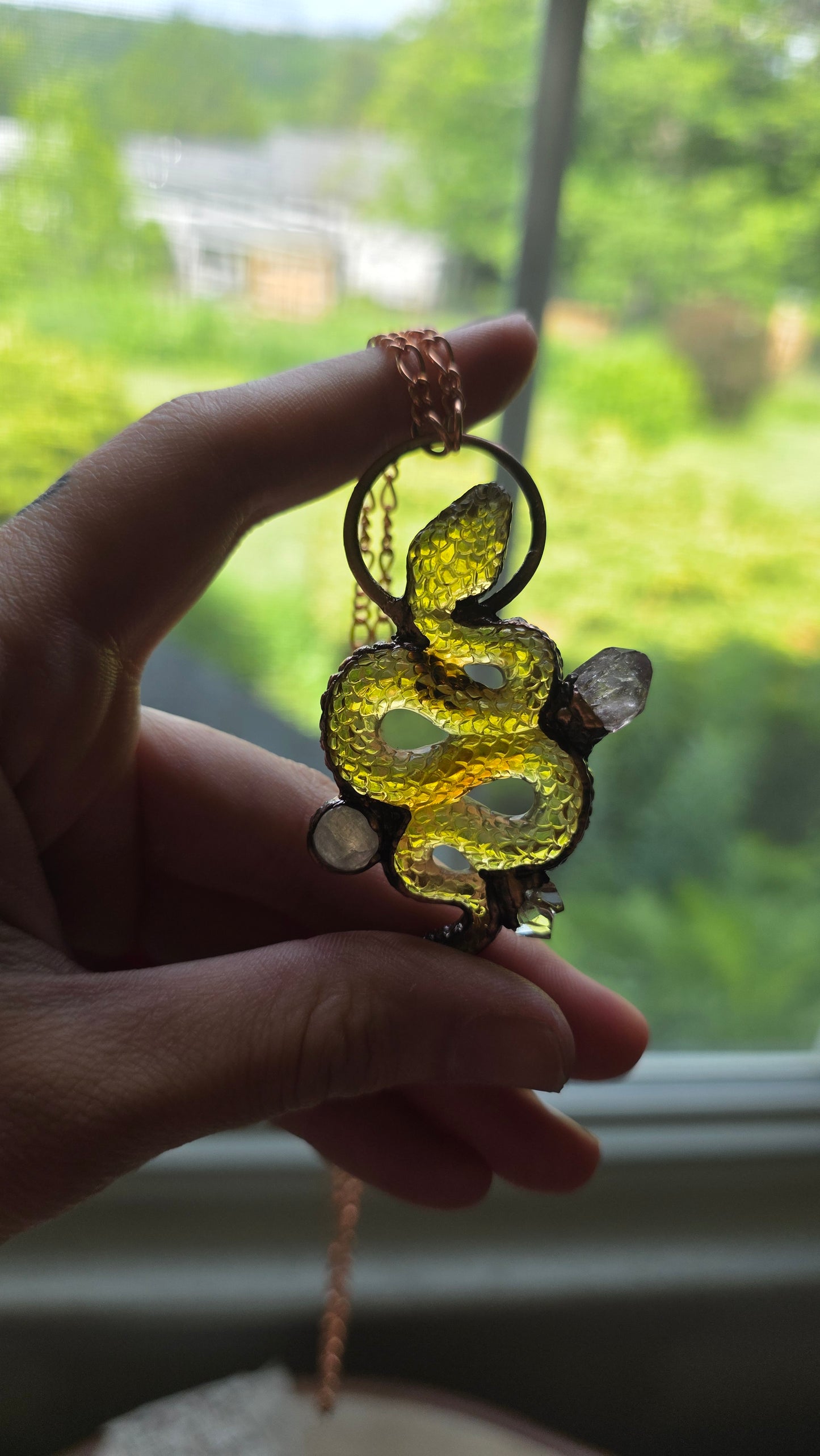 The High Priestess: Chiapas Amber Snake with Moonstone, Amethyst and Herkimer Copper Necklace
