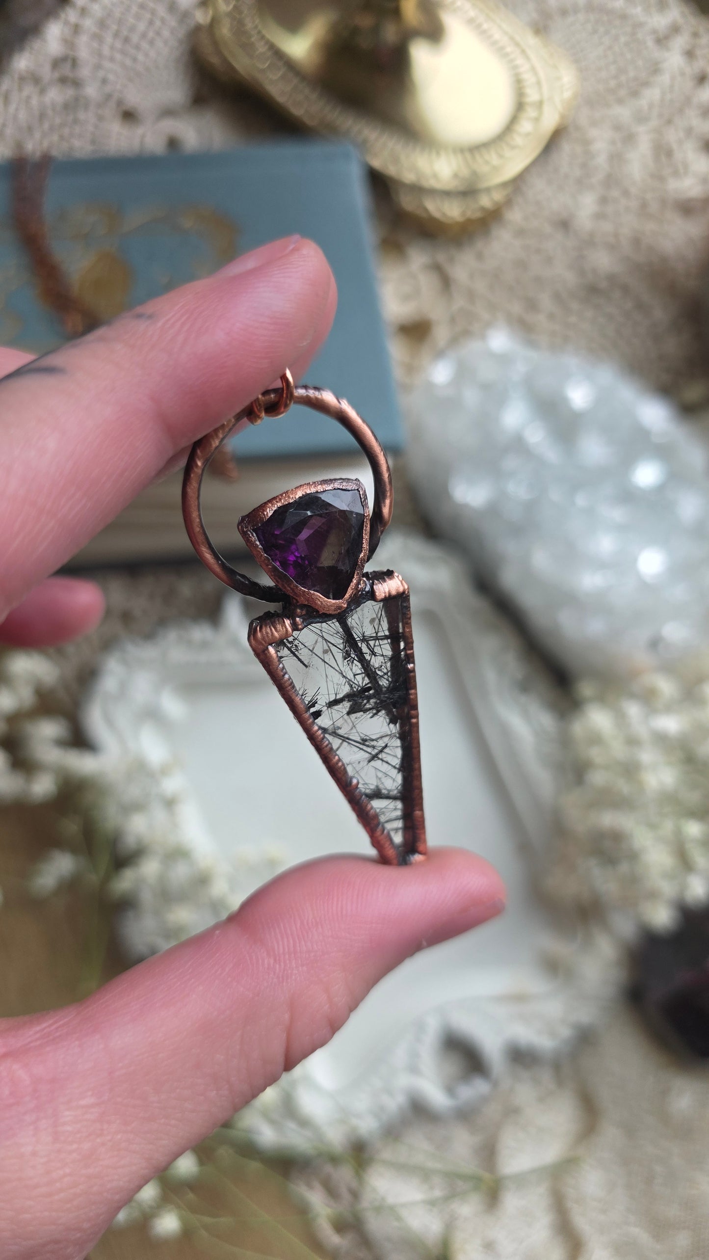 Smokey Amethyst and Tourmalinated Quartz Copper Necklace