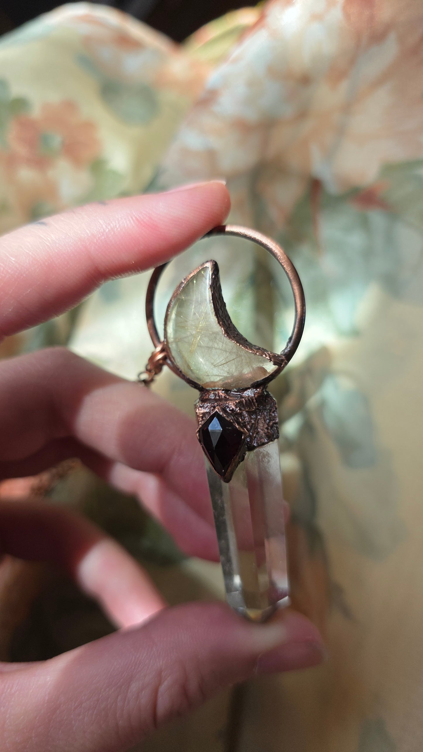 Smokey Quartz with Garnet and Rutilated Quartz Moon Copper Pendant