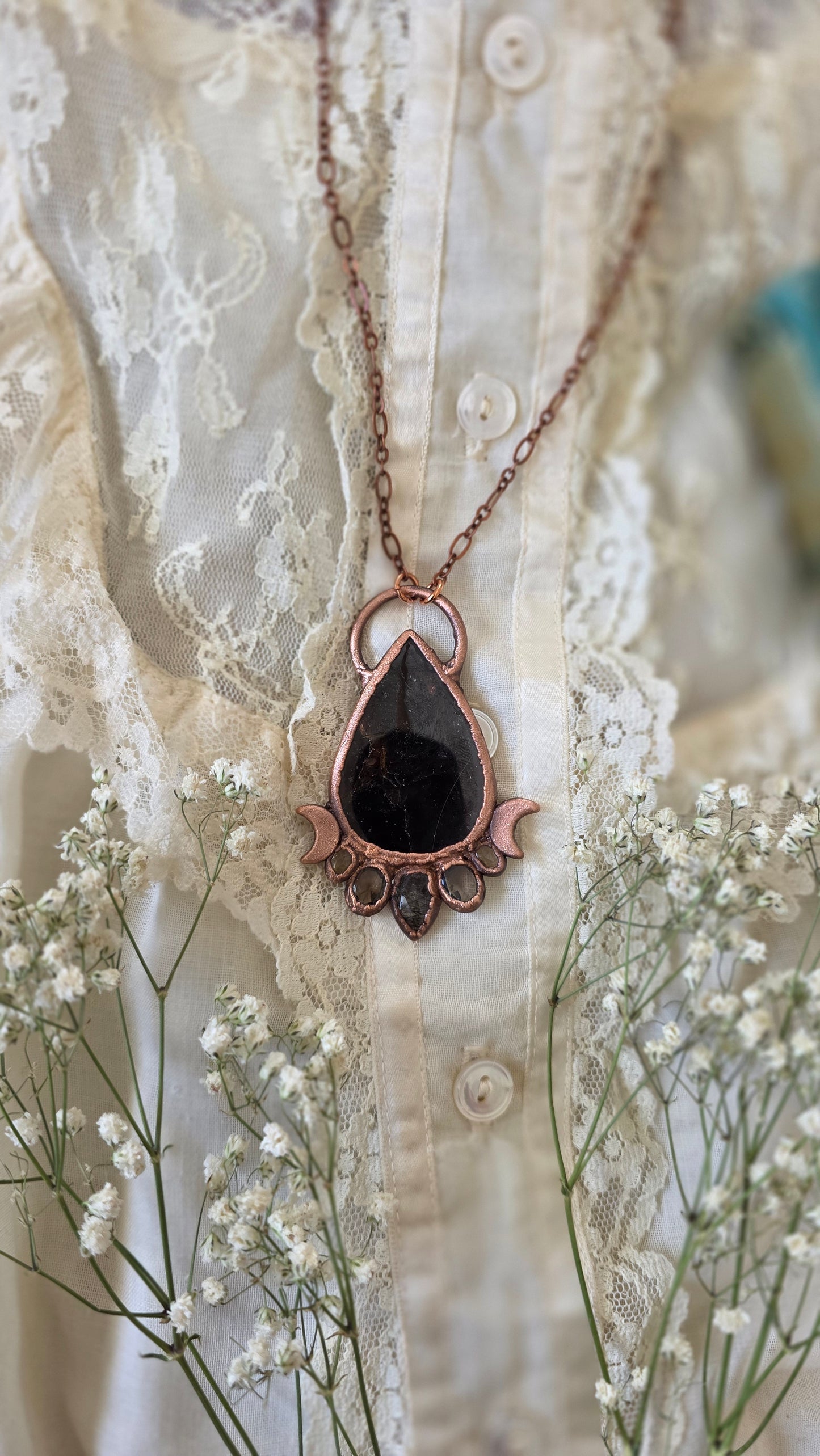 Gemmy Garnet with Tourmalinated Quartz, Smokey Quartz, and Citrine Copper Pendant