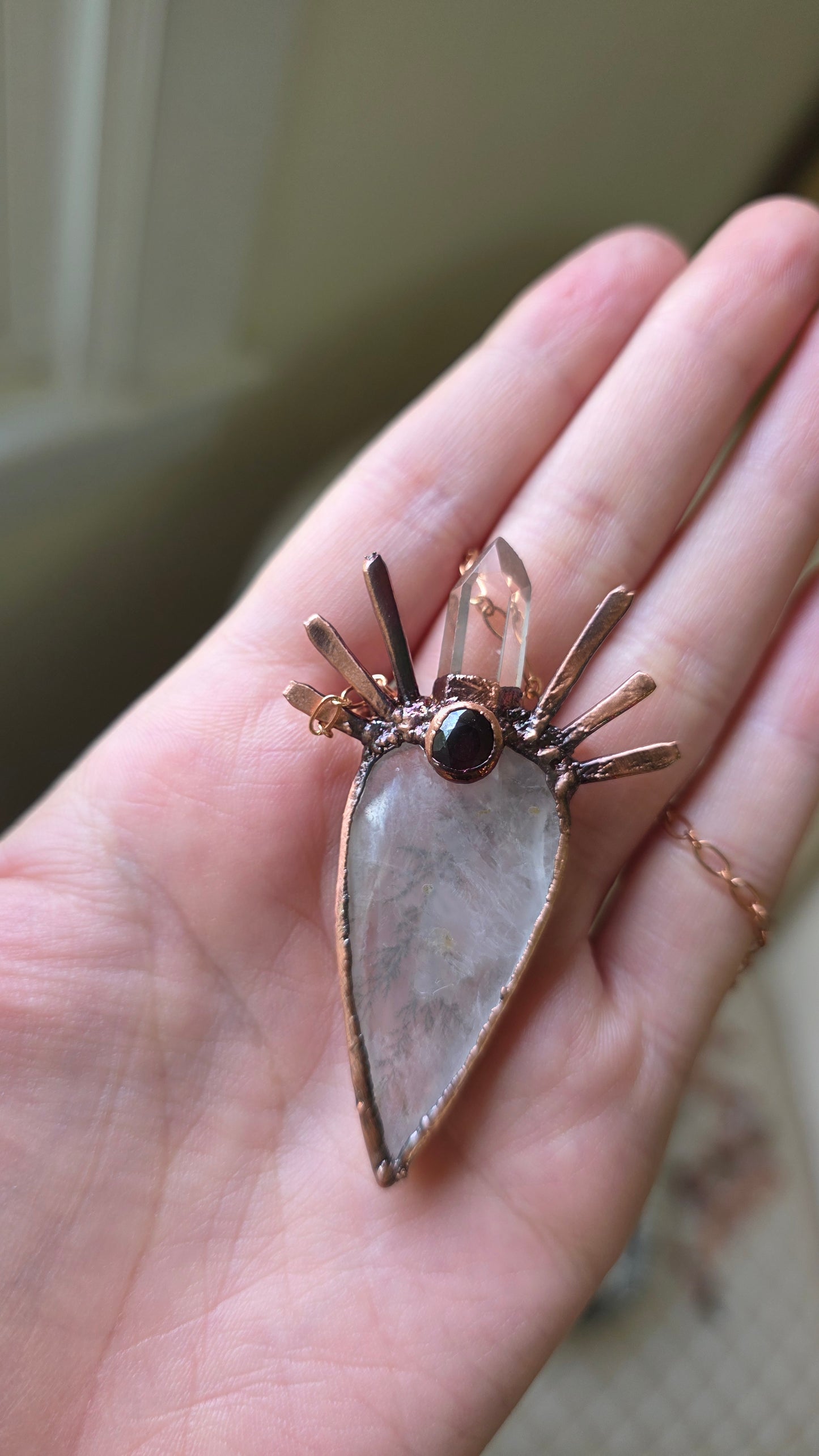The High Priestess: Dendritic Quartz with Garnet and Citrine Copper Necklace