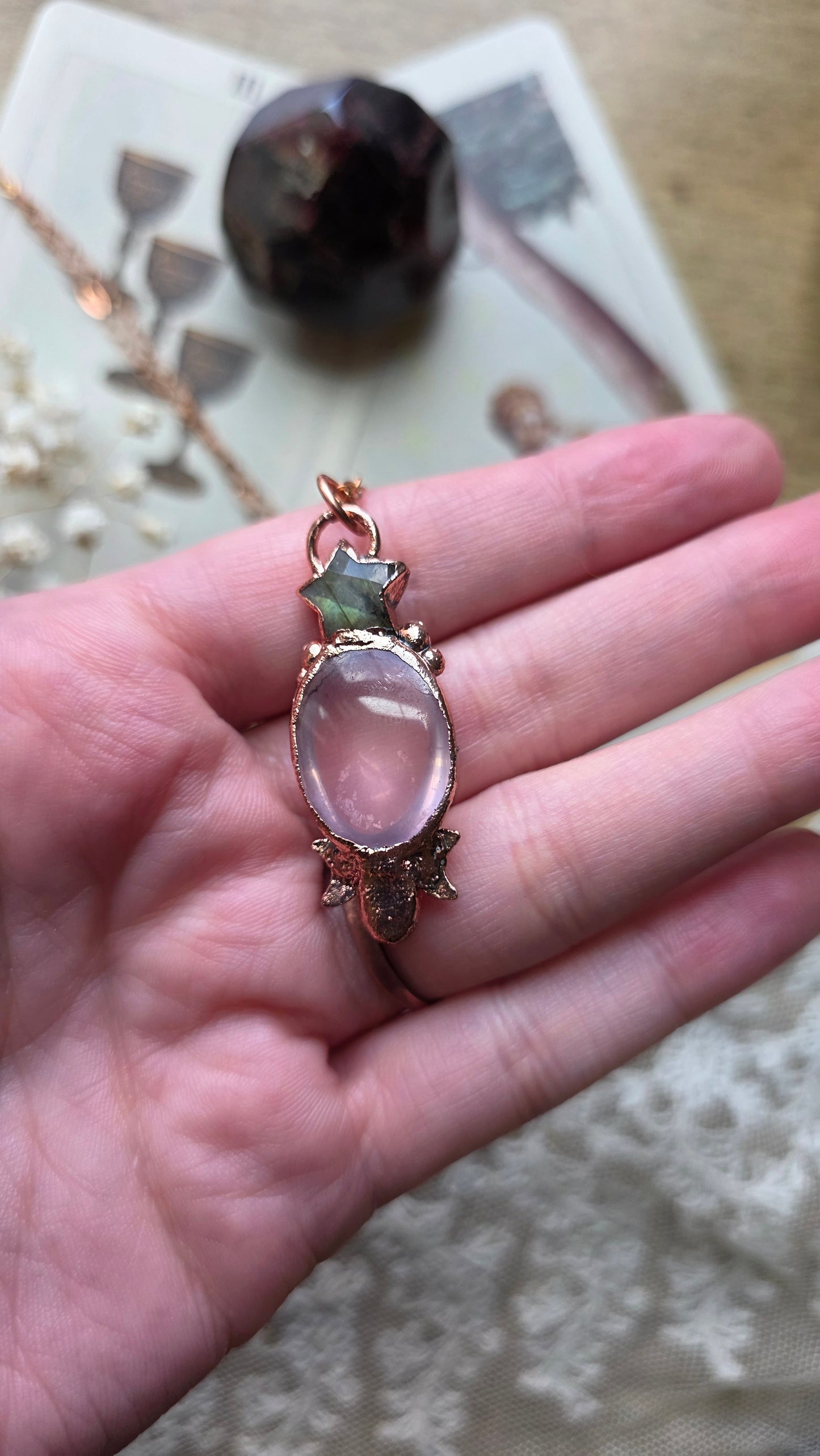 Mozambique Rose Quartz with Labradorite Star and Moonstone Copper Necklace