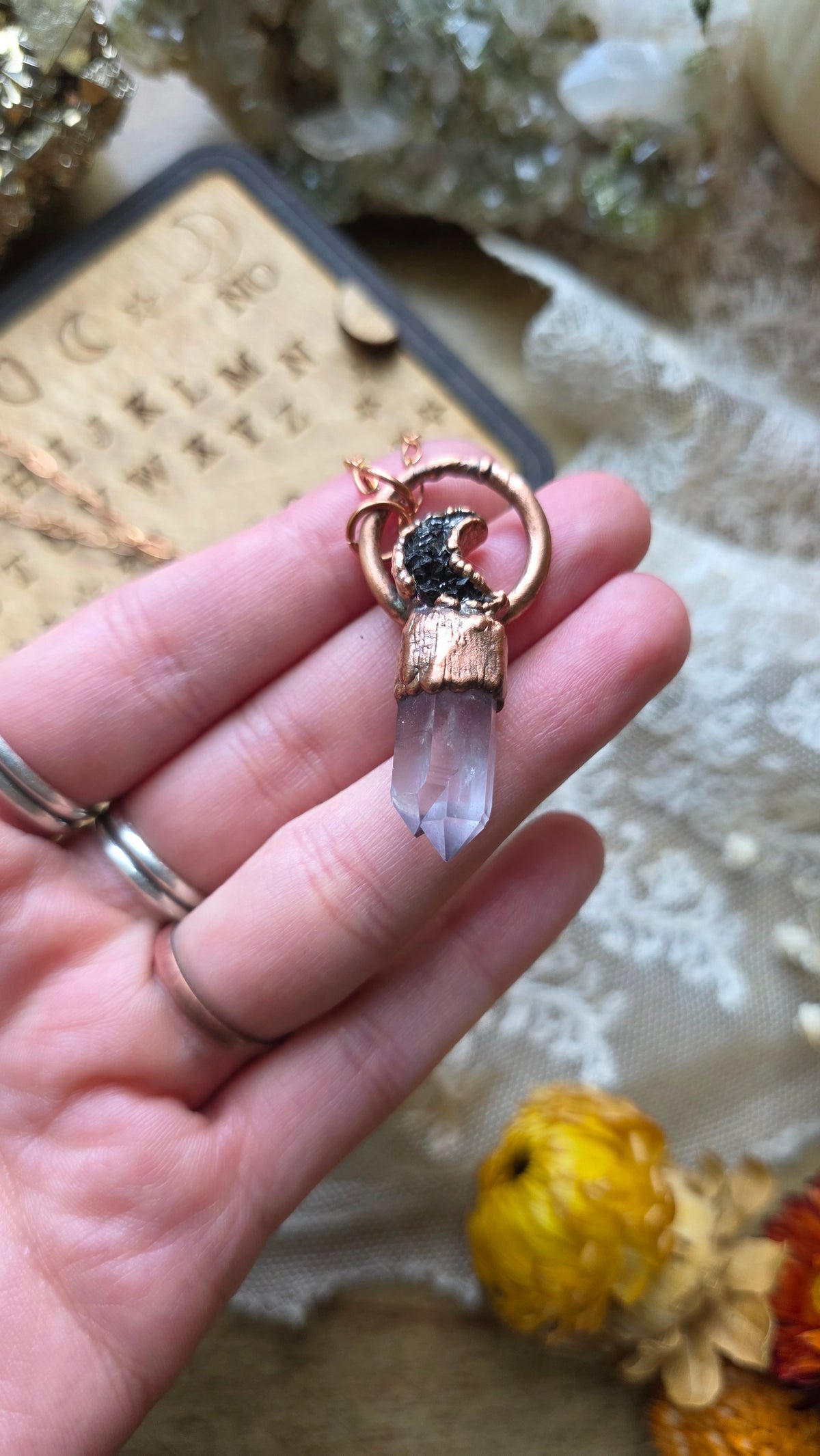 jdrewsilvers and xtwii collaboration: Quartz and Black Knight Aura Moon Copper Necklace