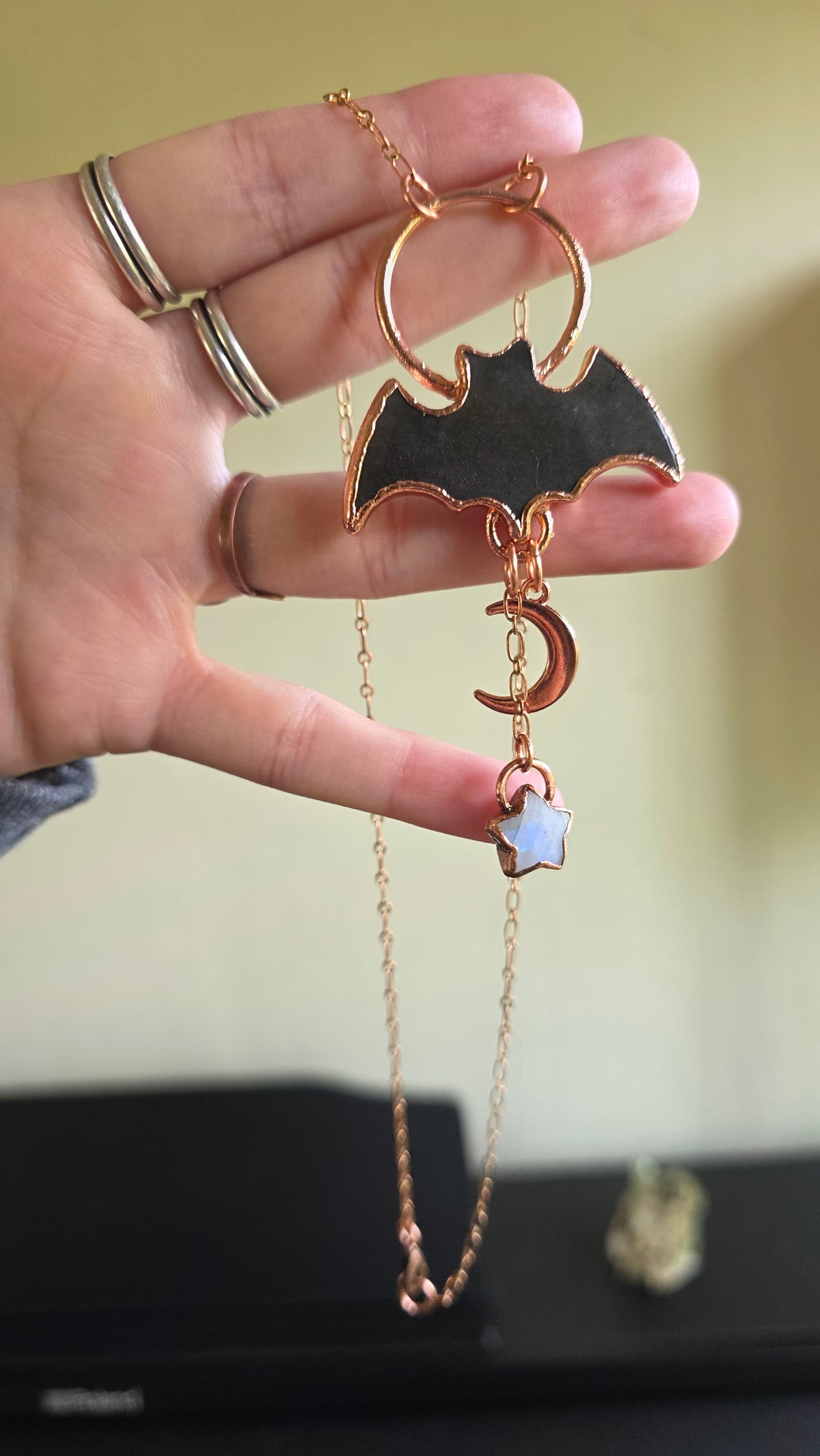 jdrewsilvers and xtwii collaboration: Silver Sheen Obsidian Bat Copper Necklace
