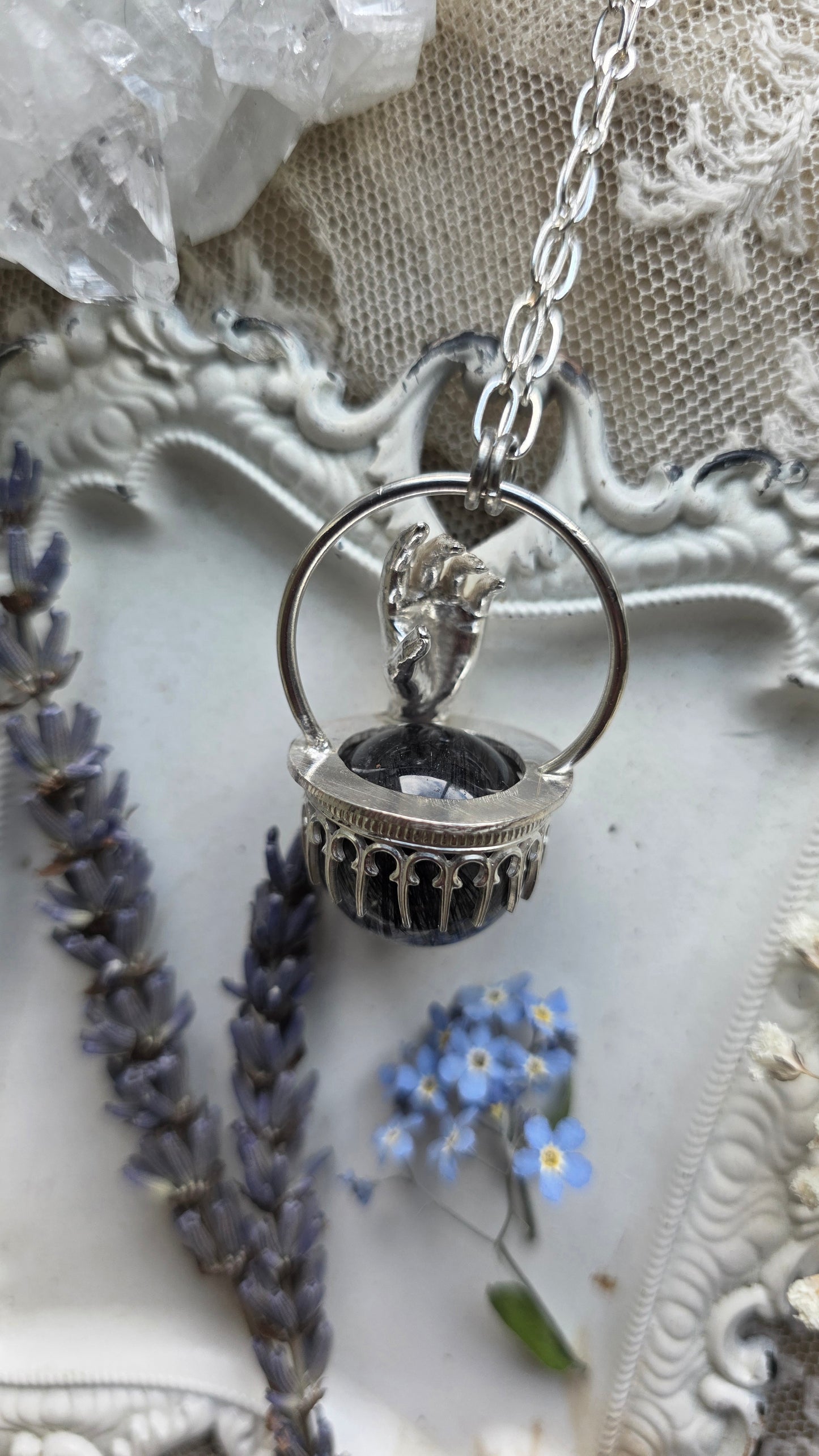 The High Priestess: Tourmalinated Quartz Sphere Sterling Silver Hand Pendant