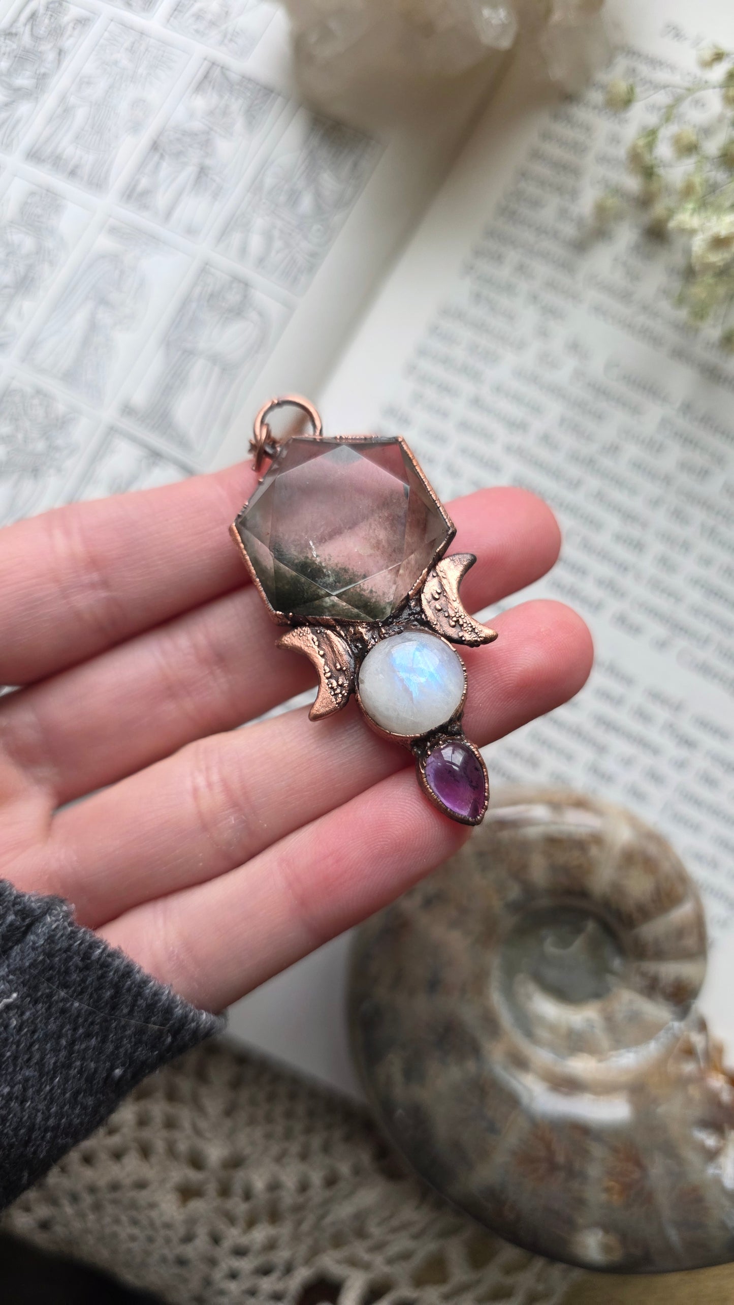 Garden quartz hexagon copper pendant with moonstone and amethyst