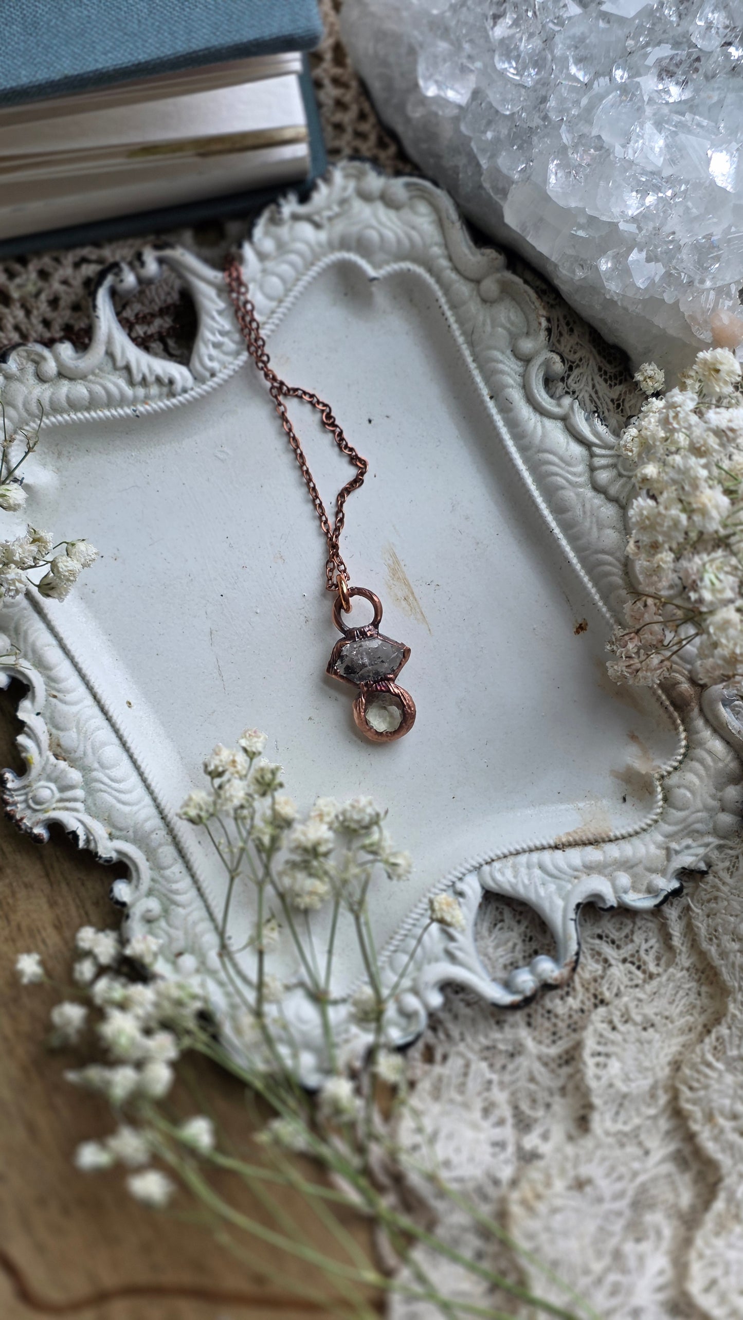 Herkimer Quartz with Libyan Desert Glass Copper Choker