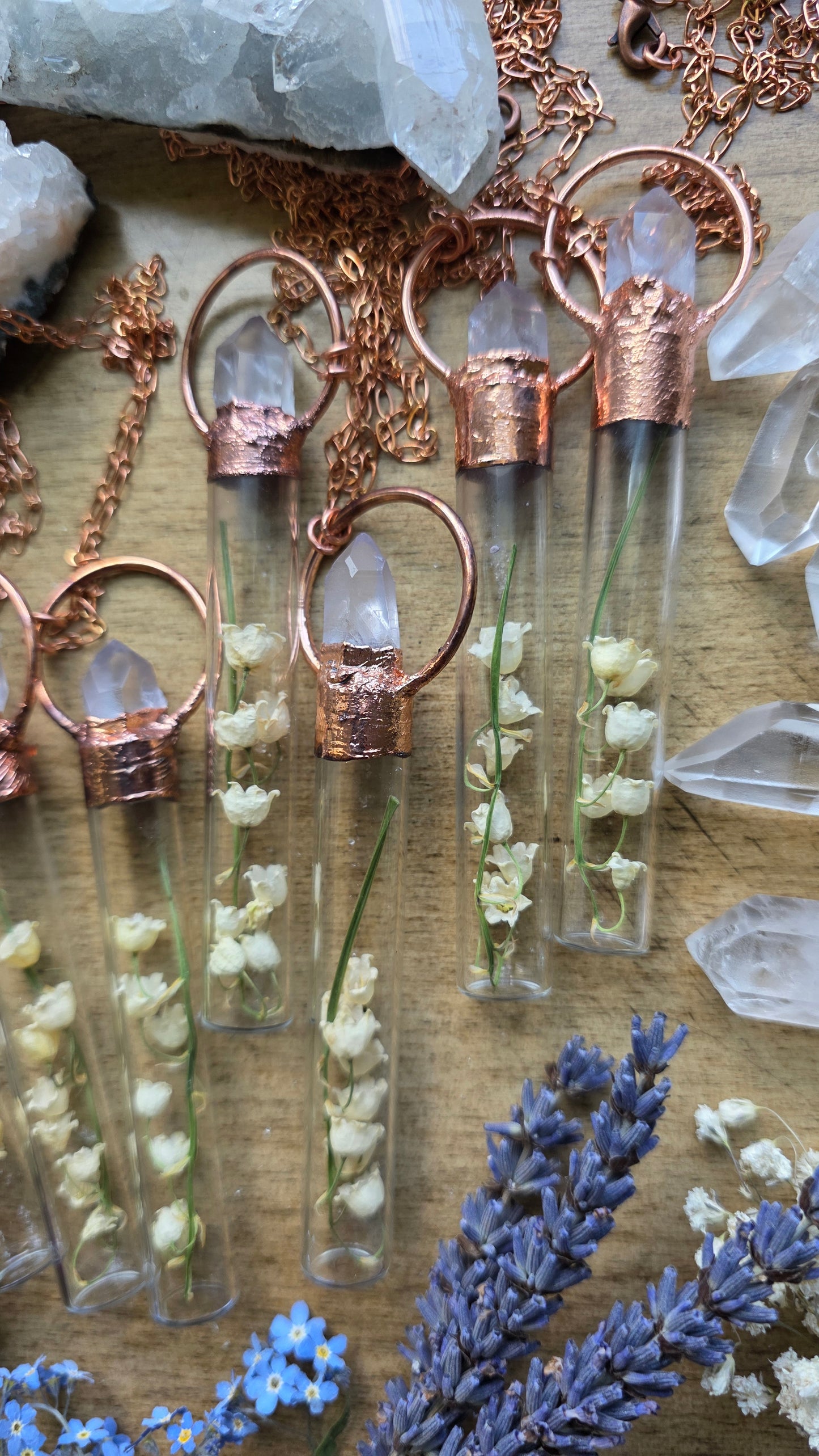 Lily of the Valley Copper Vial Necklace with Quartz