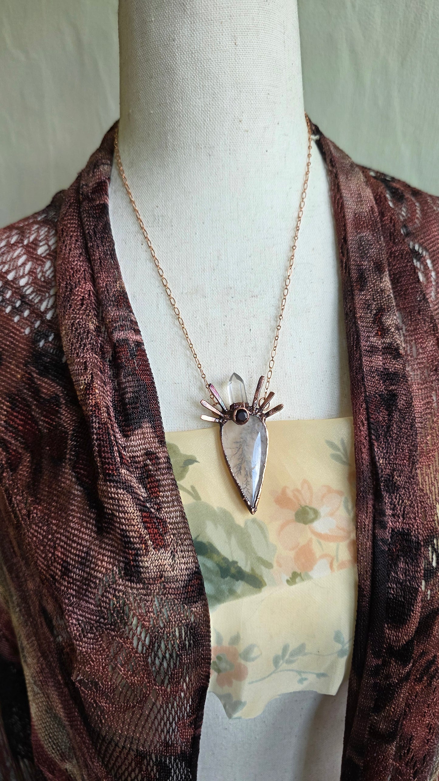 The High Priestess: Dendritic Quartz with Garnet and Citrine Copper Necklace
