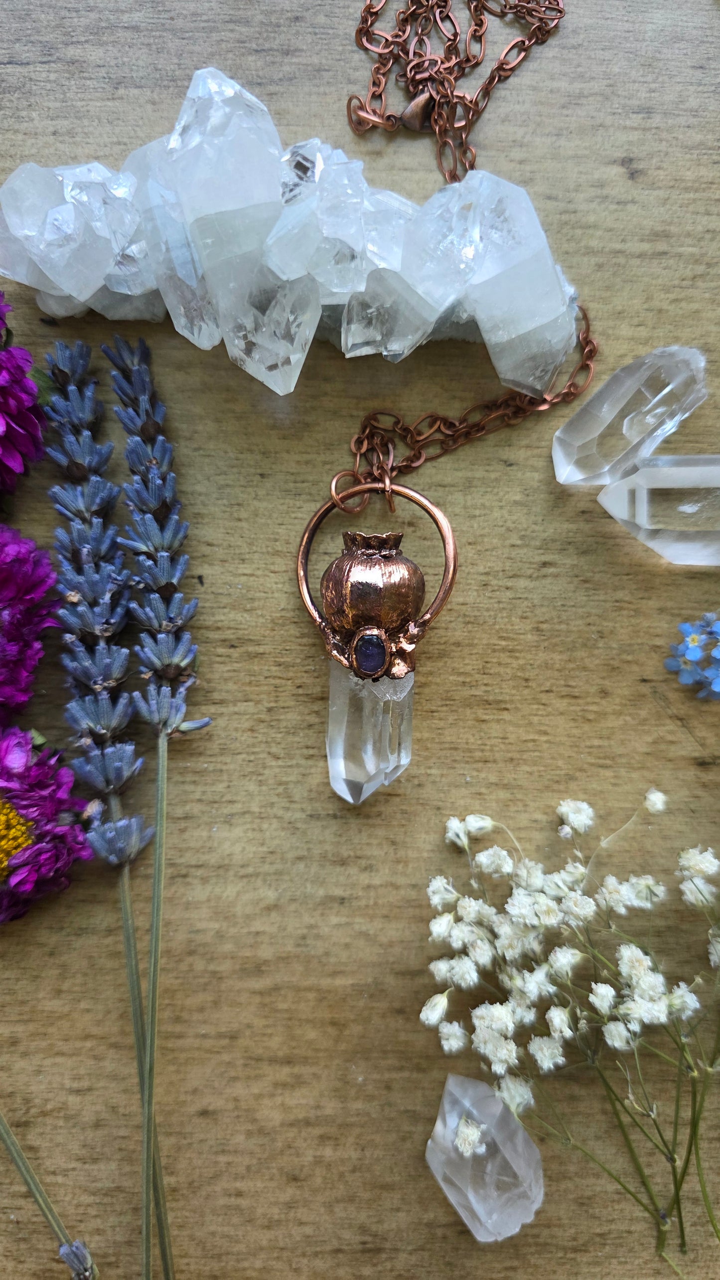 Copper Encased Poppy Pod with Quartz and Tanzanite