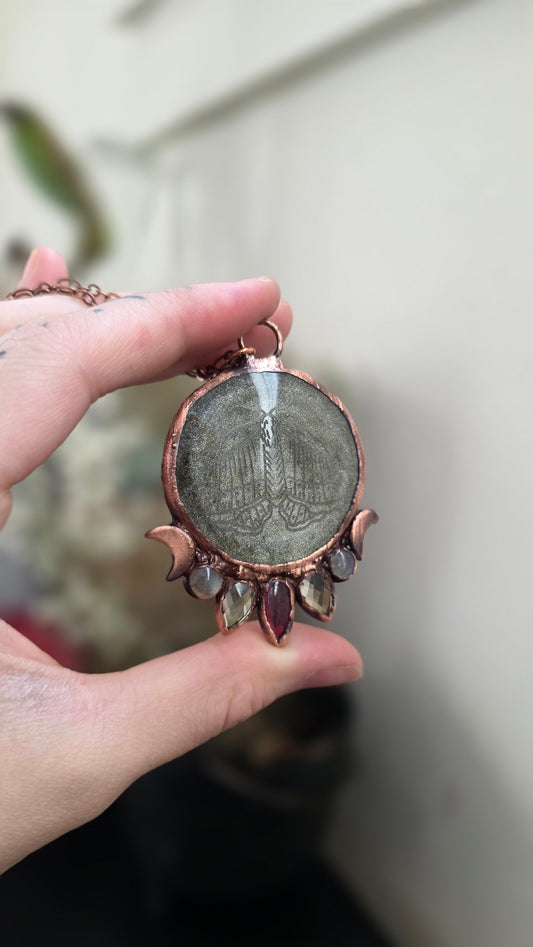 Gold sheen obsidian moth engraved copper pendant with garnet, citrine, and labradorite