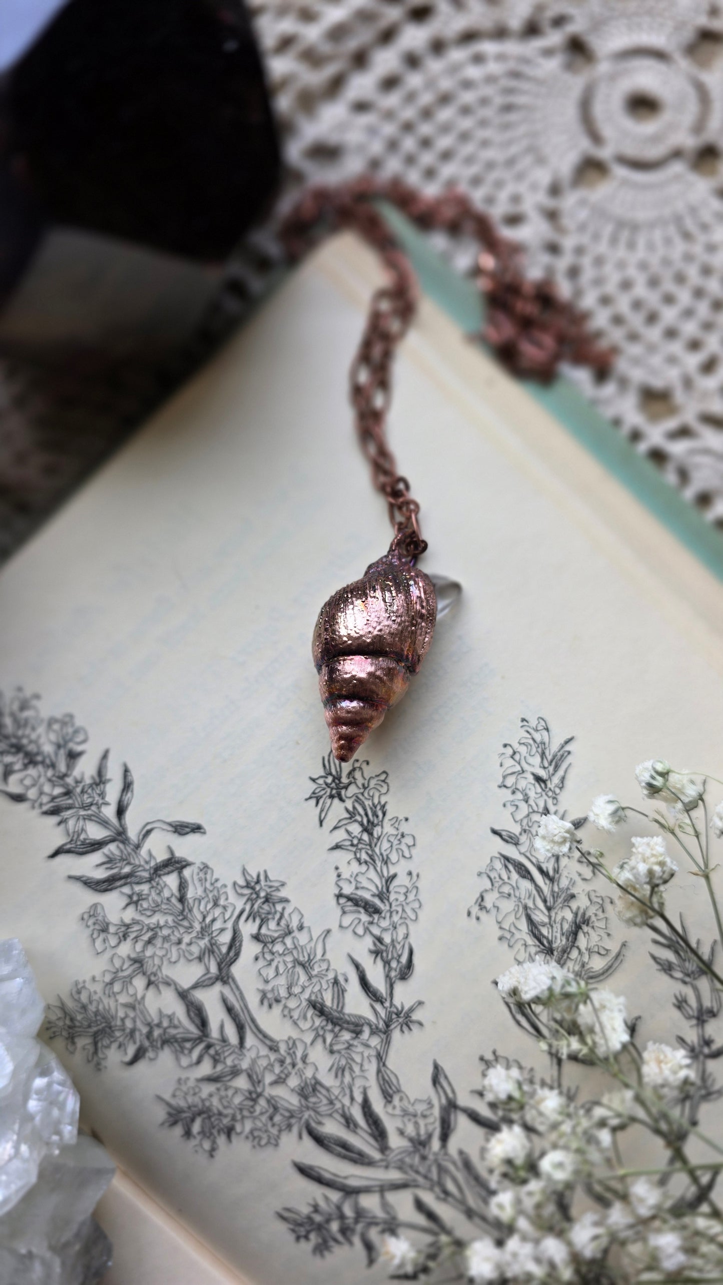 Rooted: Real Shell with Quartz Point Copper Necklace