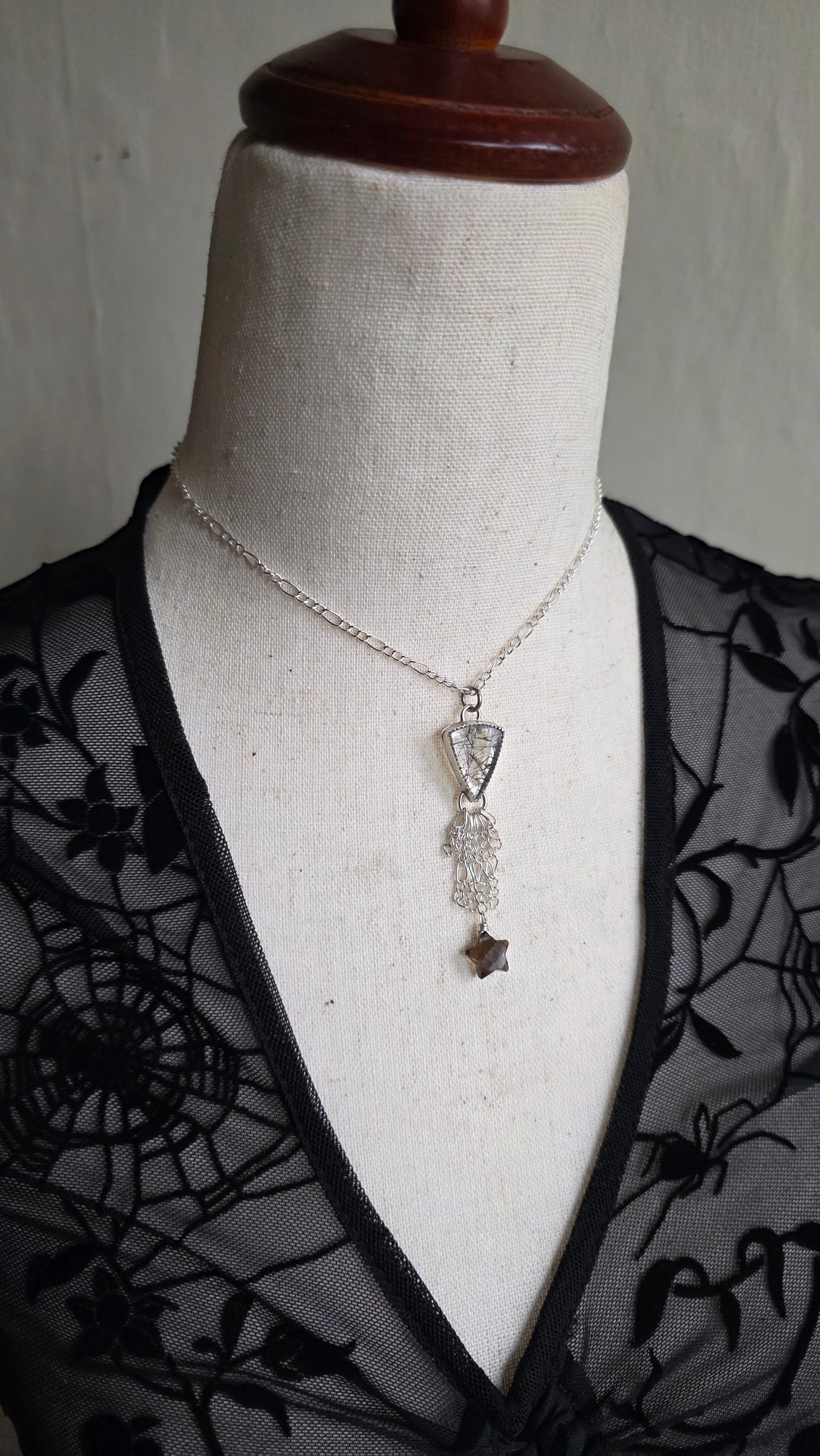 Sterling Silver Tourmalinated Quartz Chandelier Necklace with Smokey Quartz Star