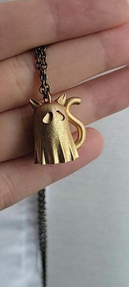 Solid cast sheet ghost kitty necklace