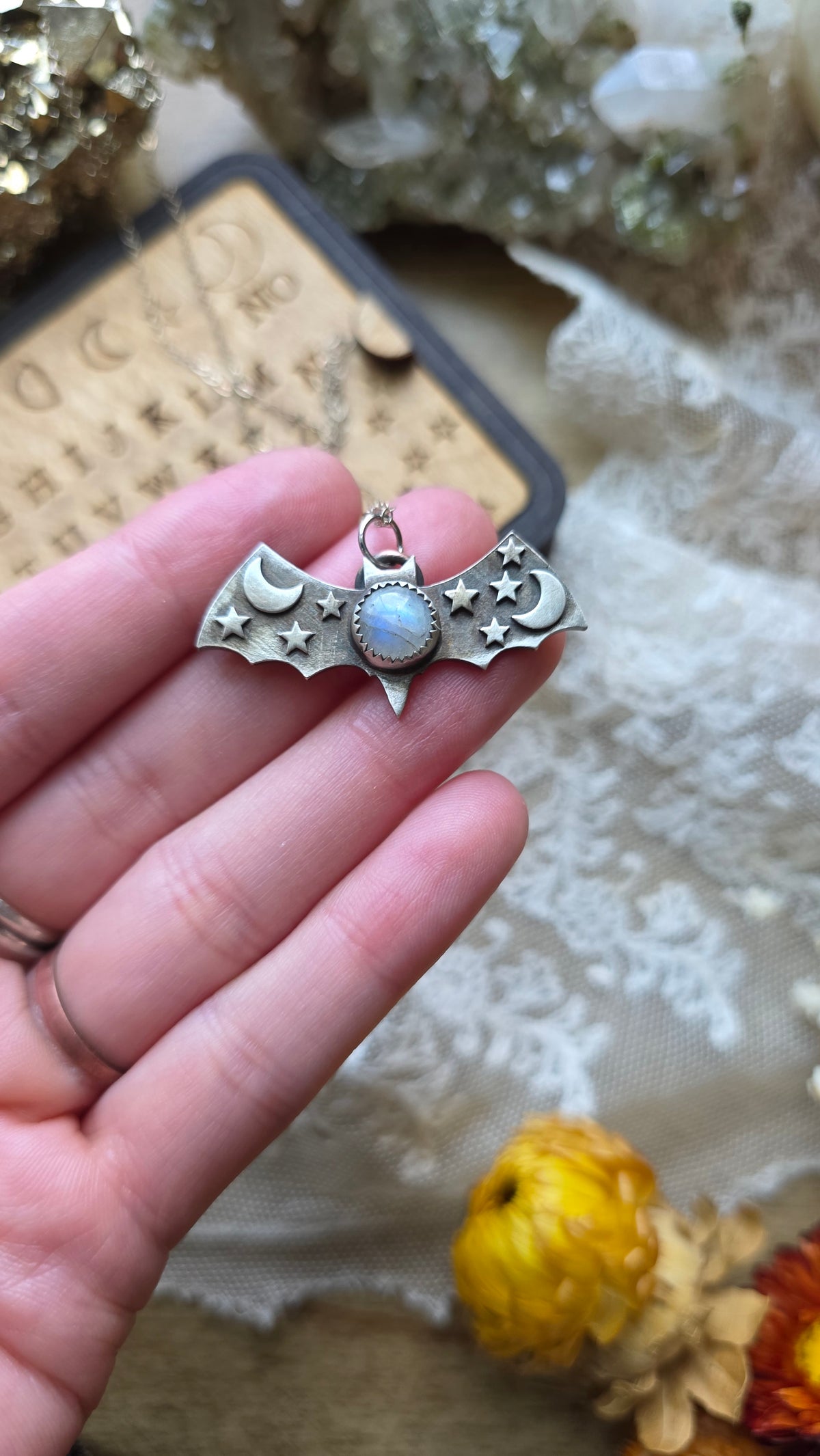 jdrewsilvers and xtwii collaboration: Sterling Silver Celestial Bat with Moonstone Pendant