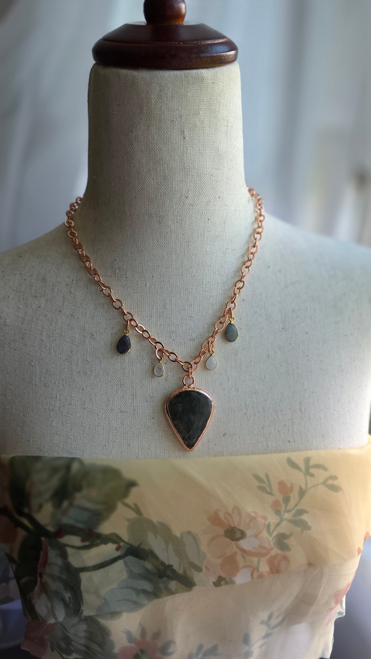 Moss Agate with Moonstone and Labradorite Copper Necklace