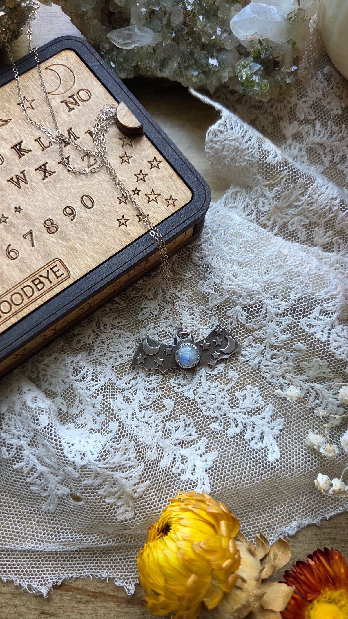 jdrewsilvers and xtwii collaboration: Sterling Silver Celestial Bat with Moonstone Pendant