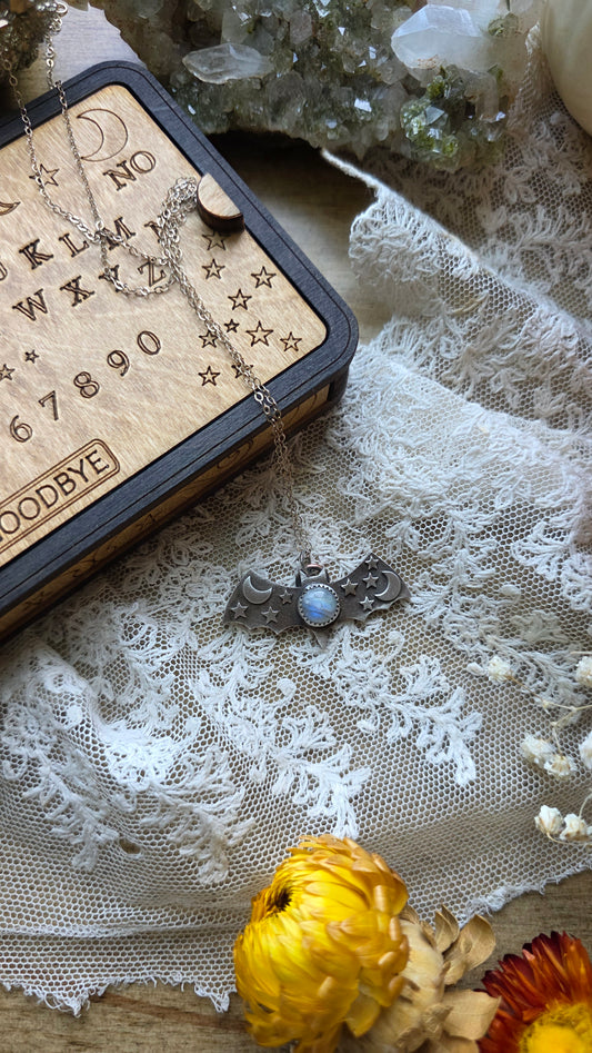 jdrewsilvers and xtwii collaboration: Sterling Silver Celestial Bat with Moonstone Pendant