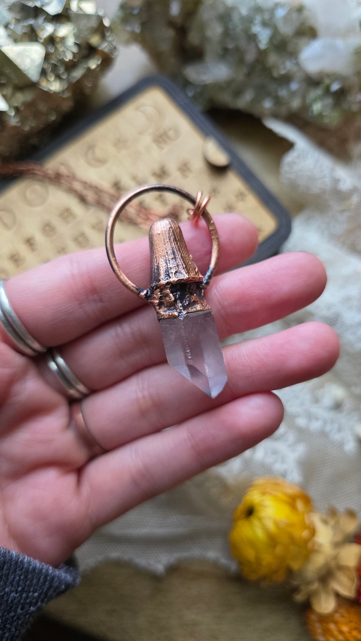 jdrewsilvers and xtwii collaboration: Quartz and Pink Tourmaline Copper Sheet Ghost Necklace