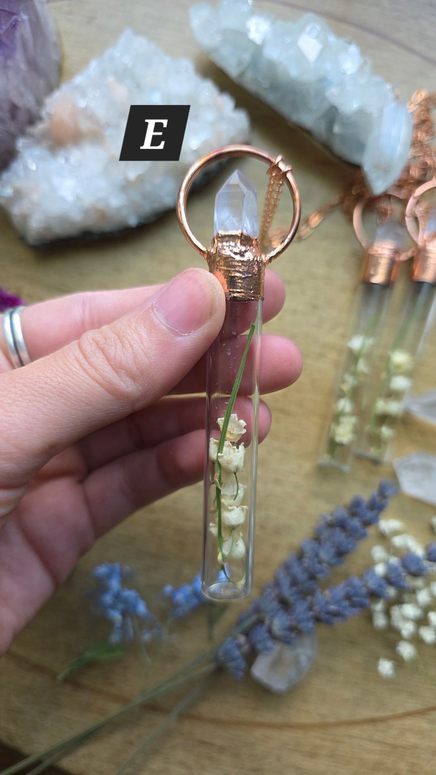 Lily of the Valley Copper Vial Necklace with Quartz