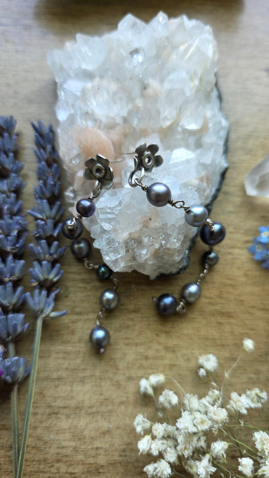 Forget-me-not Sterling Silver fabricated earrings with pearl