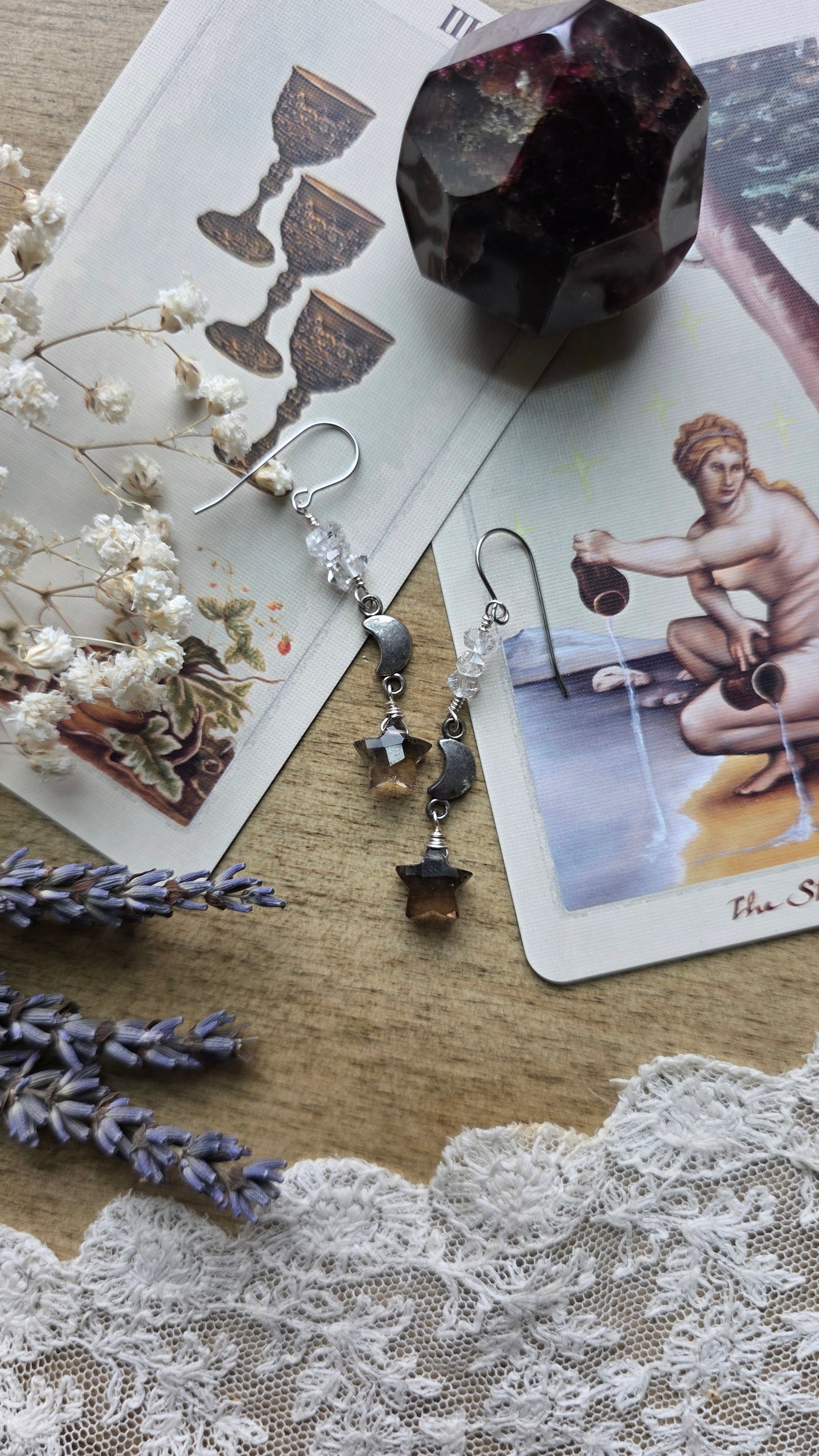 Smokey Quartz Star and Herkimer Quartz Dangle Earrings