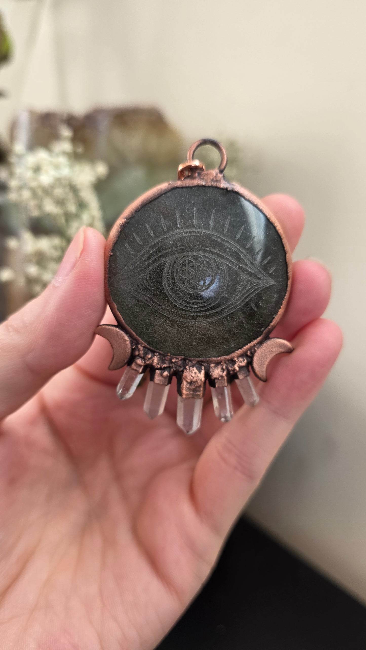 Gold sheen obsidian eye engraved copper pendant with quartz
