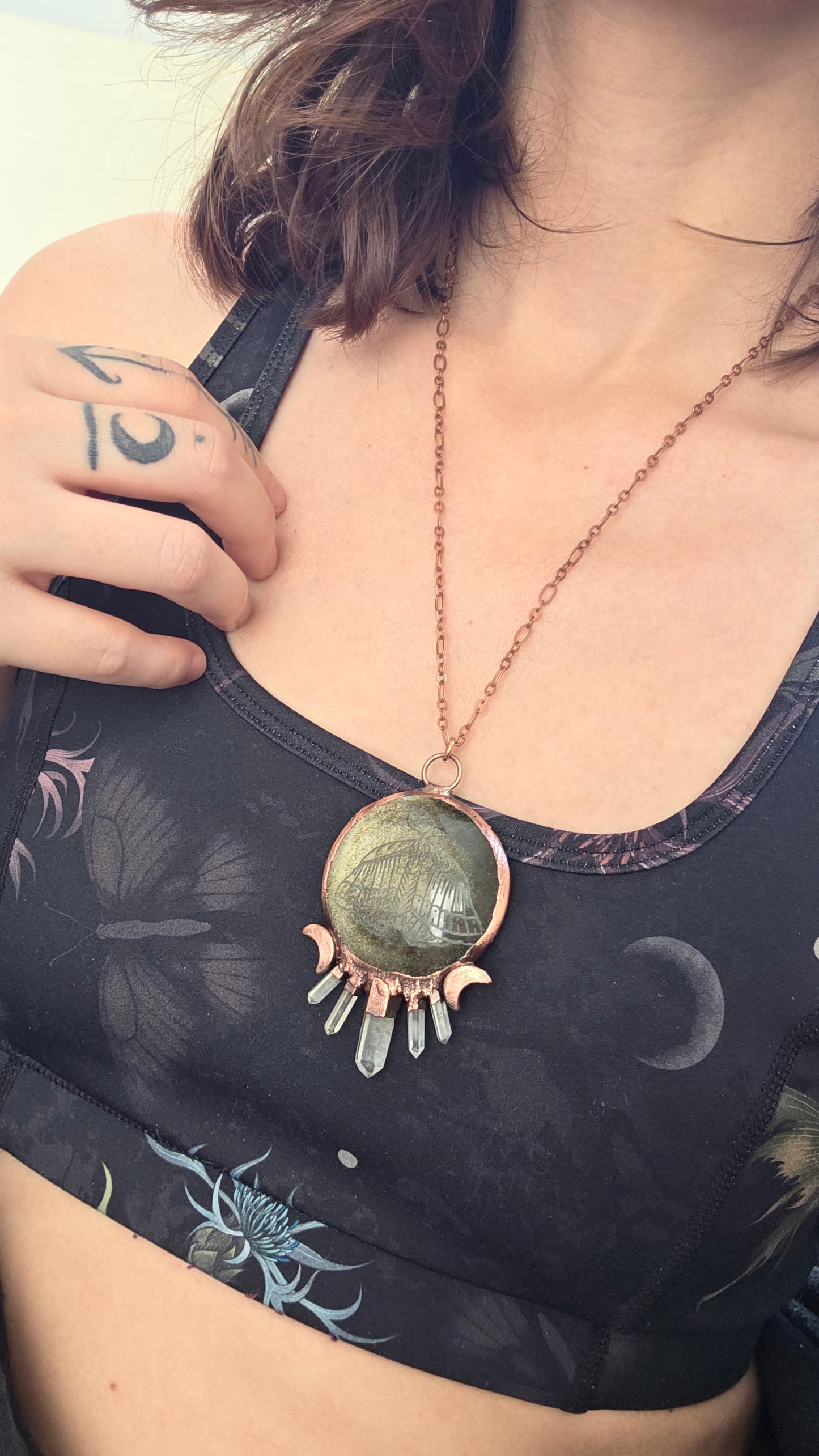 Gold sheen obsidian moth engraved copper pendant with quartz