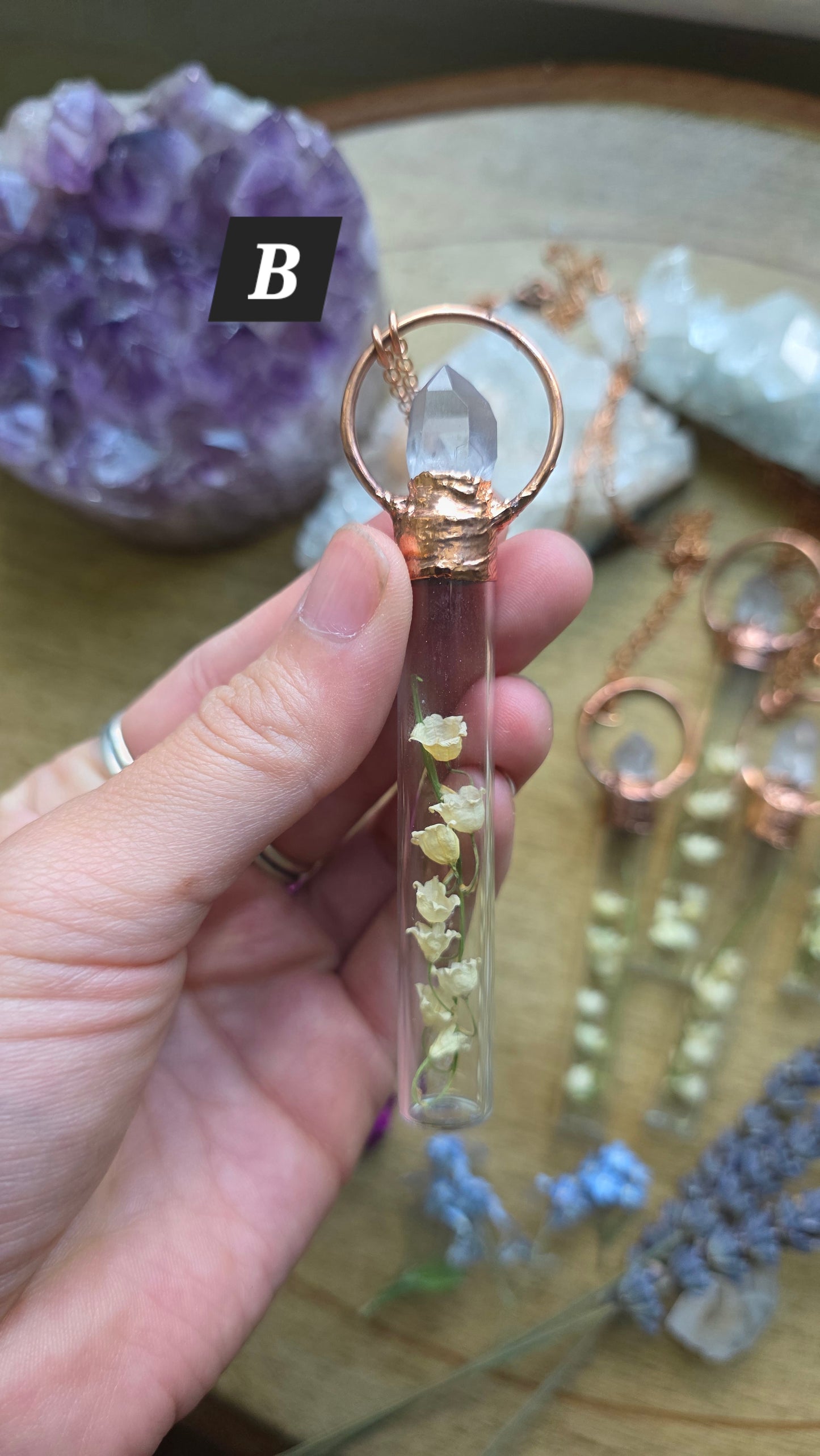 Lily of the Valley Copper Vial Necklace with Quartz