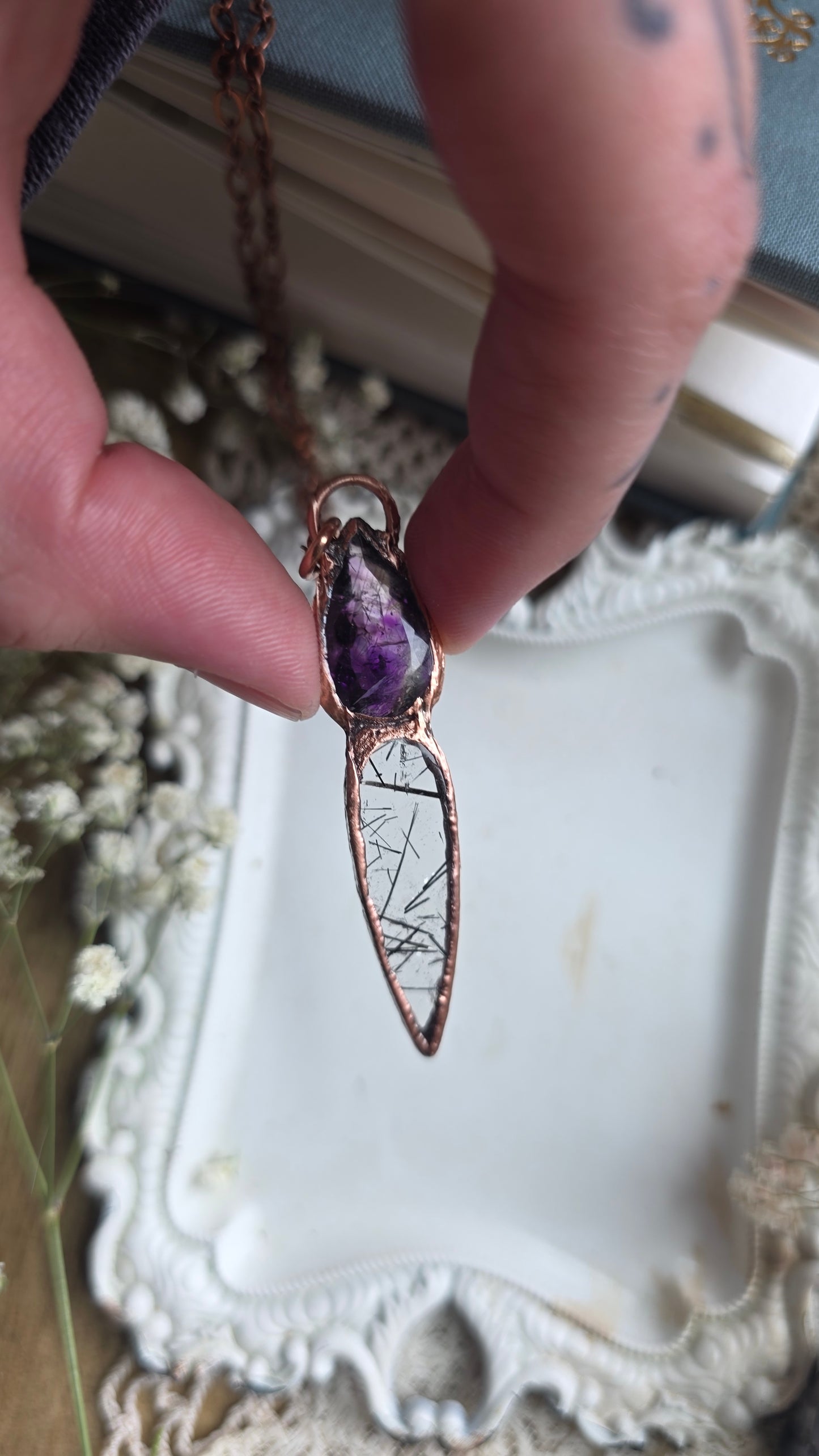 Smokey Amethyst with Tourmalinated Quartz Copper Pendant