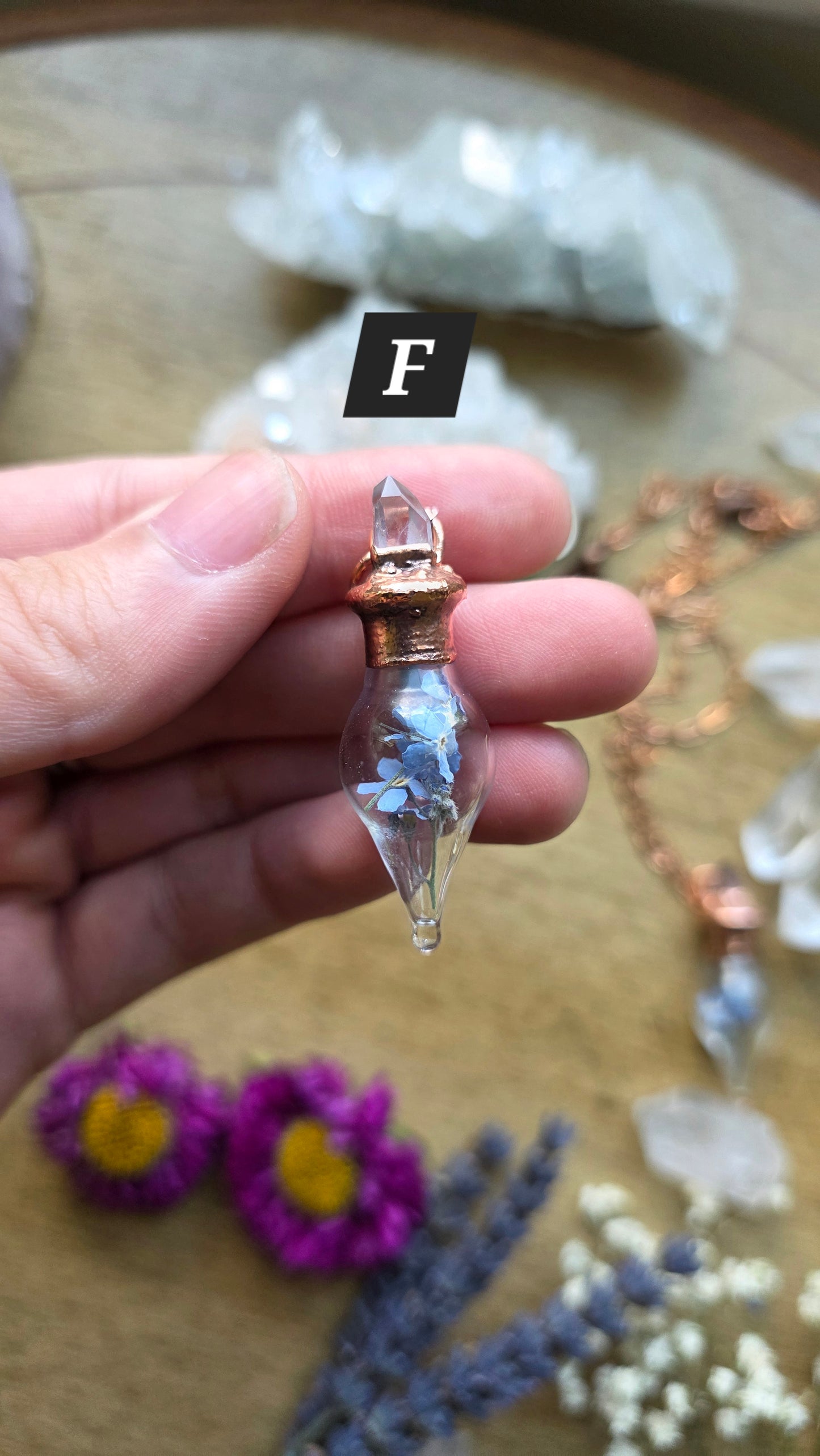 Forget-me-not copper glass vial pendant with quartz