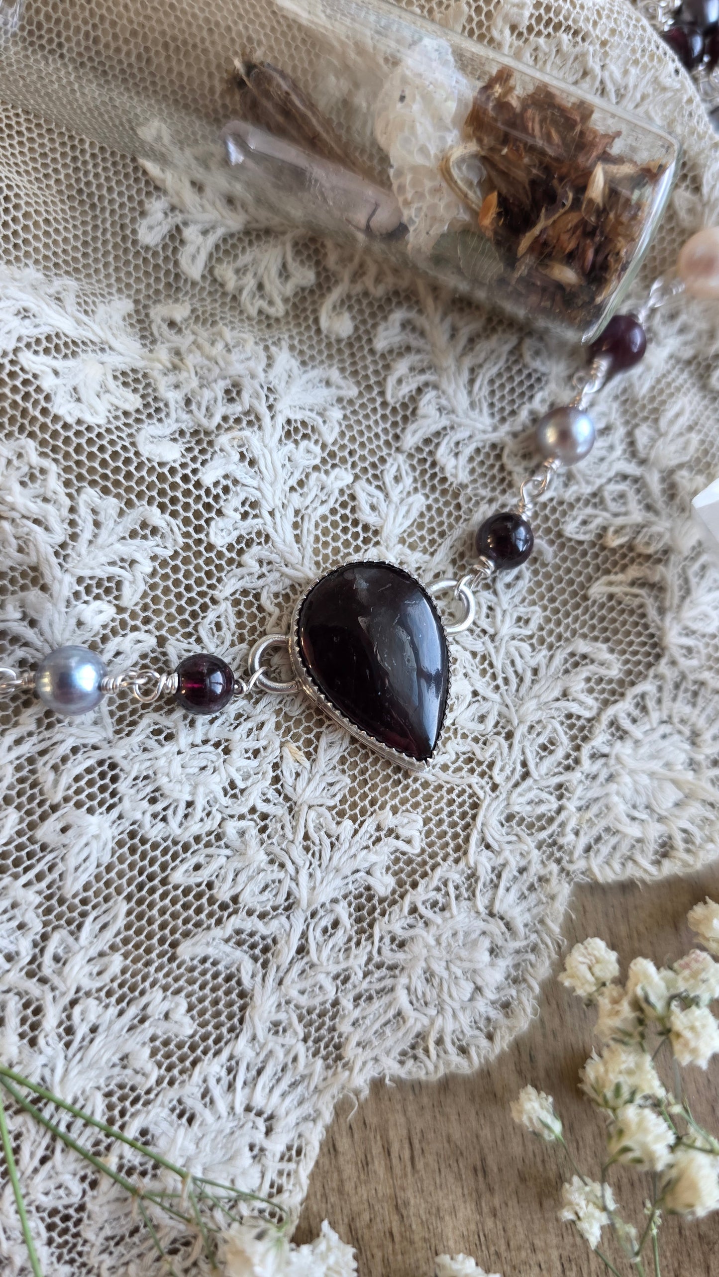 Sterling silver Garnet and Pearl Choker